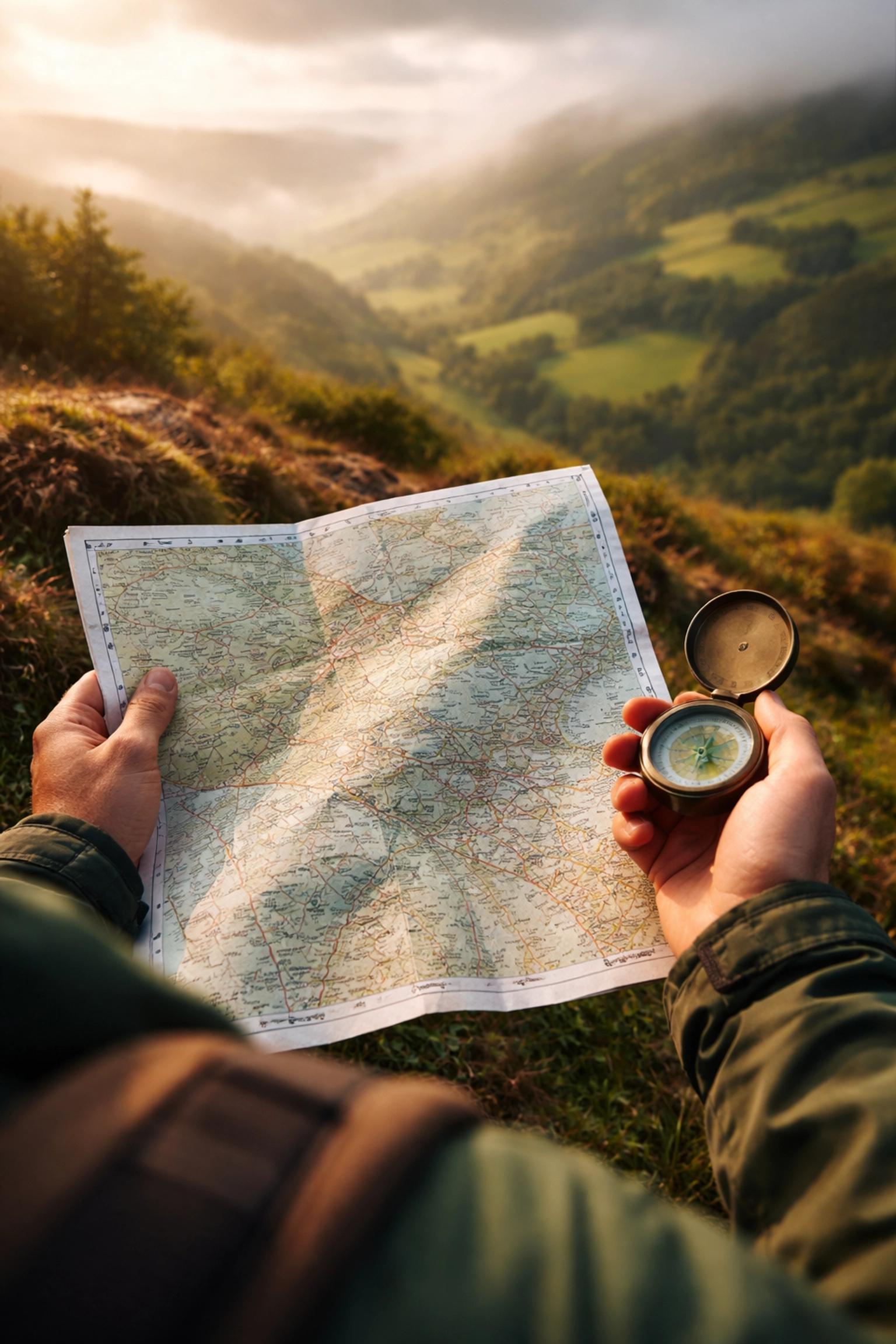 Hiker using a map and compass to navigate UK hills, essential skill for wild camping beginners