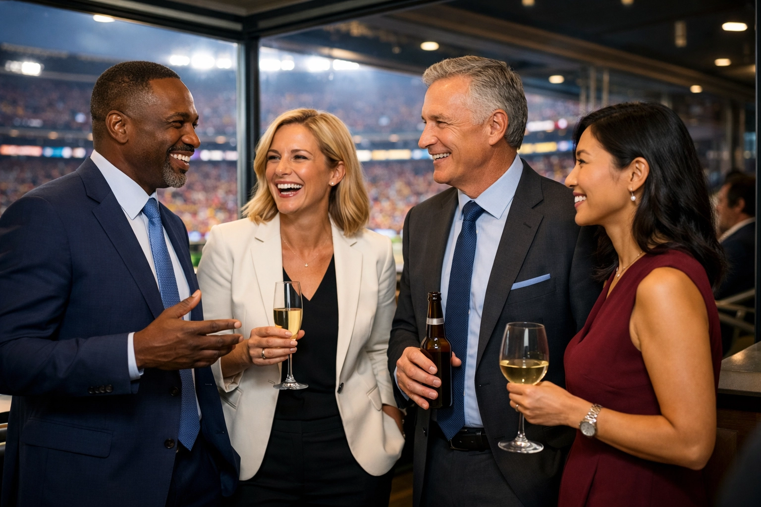 Successful business leaders networking in a luxury Super Bowl suite for corporate brand building.