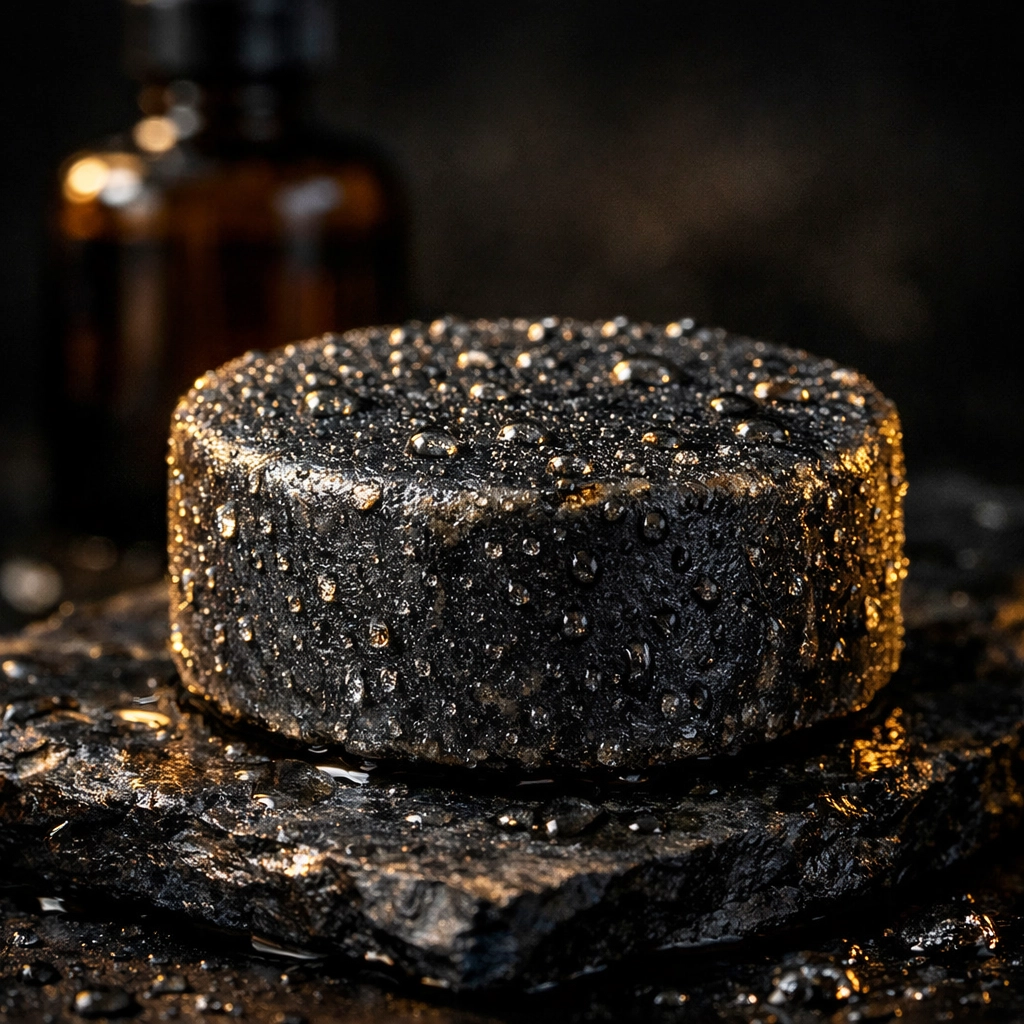 A concentrated solid beard wash bar with water droplets on a dark slate surface.