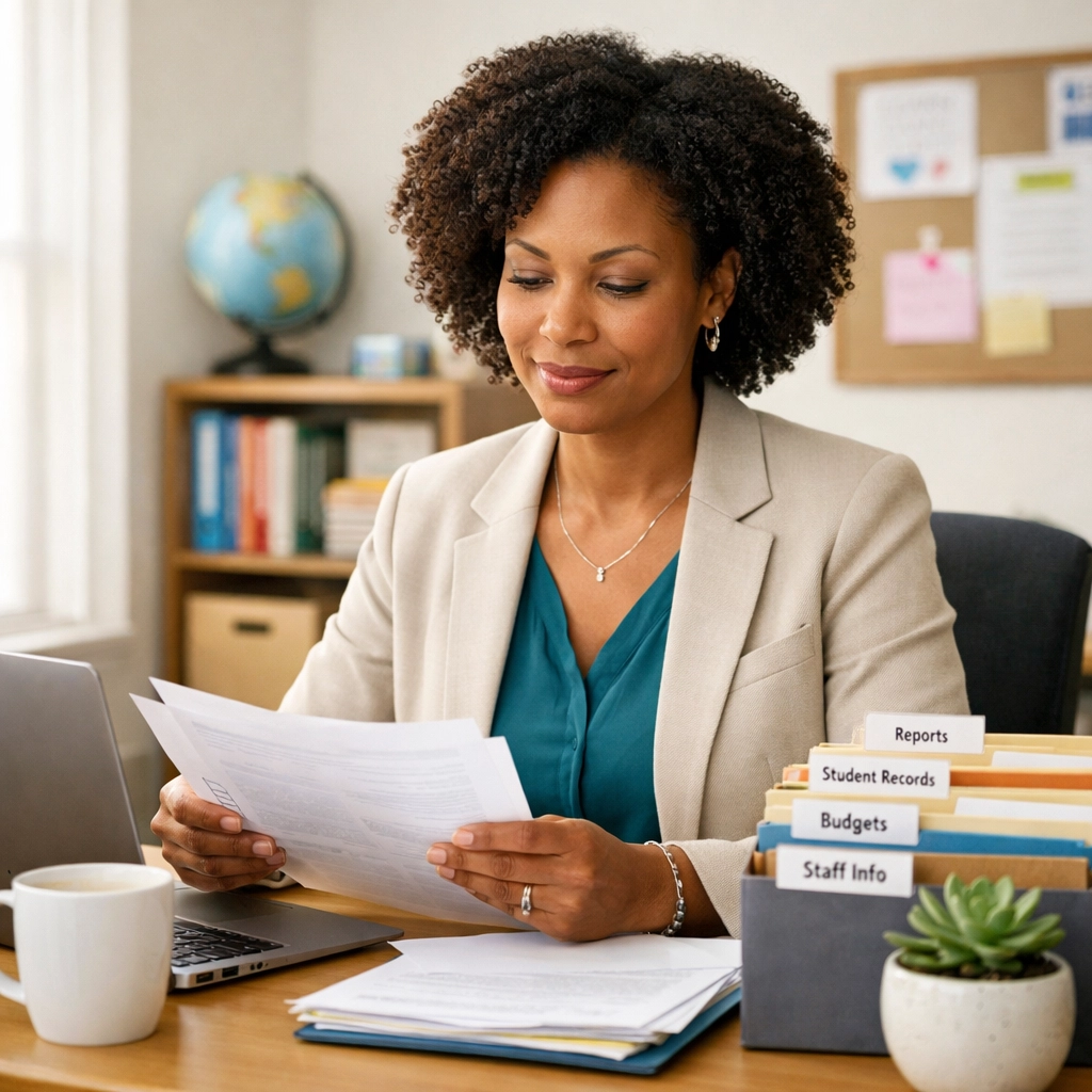 School administrator reviewing student data privacy compliance documents at organized desk