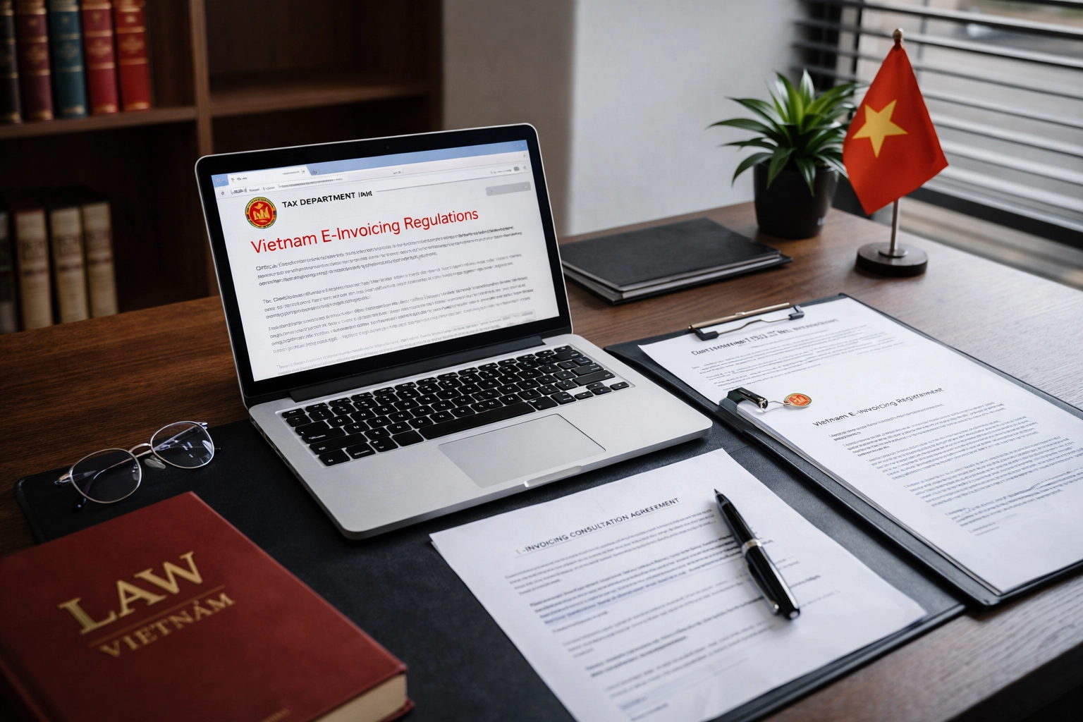 Modern legal office desk setup for expert consultation on Vietnam e-invoicing regulations