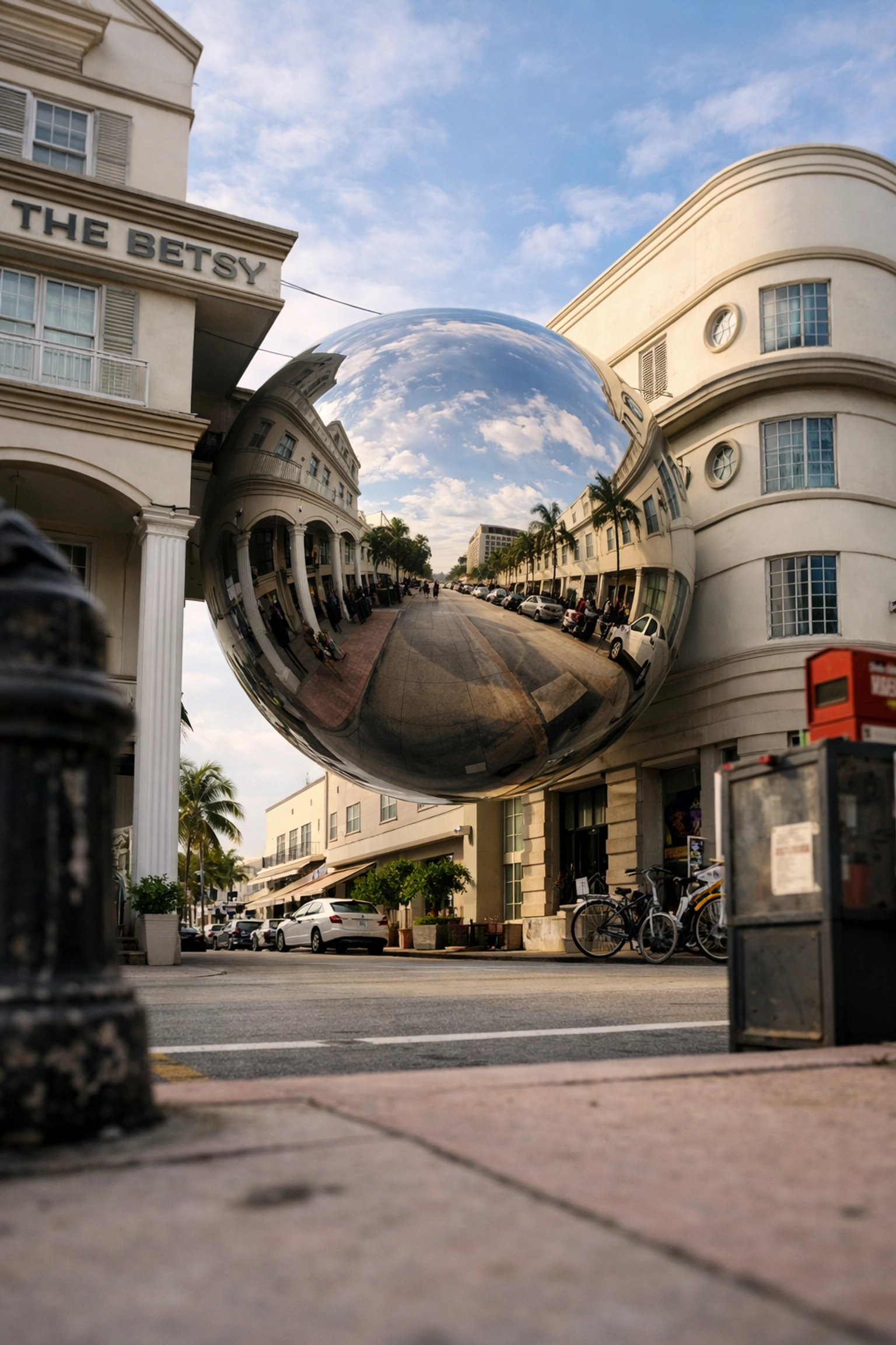 The reflective Betsy Orb sculpture in South Beach, a unique hidden gem for Miami photography.