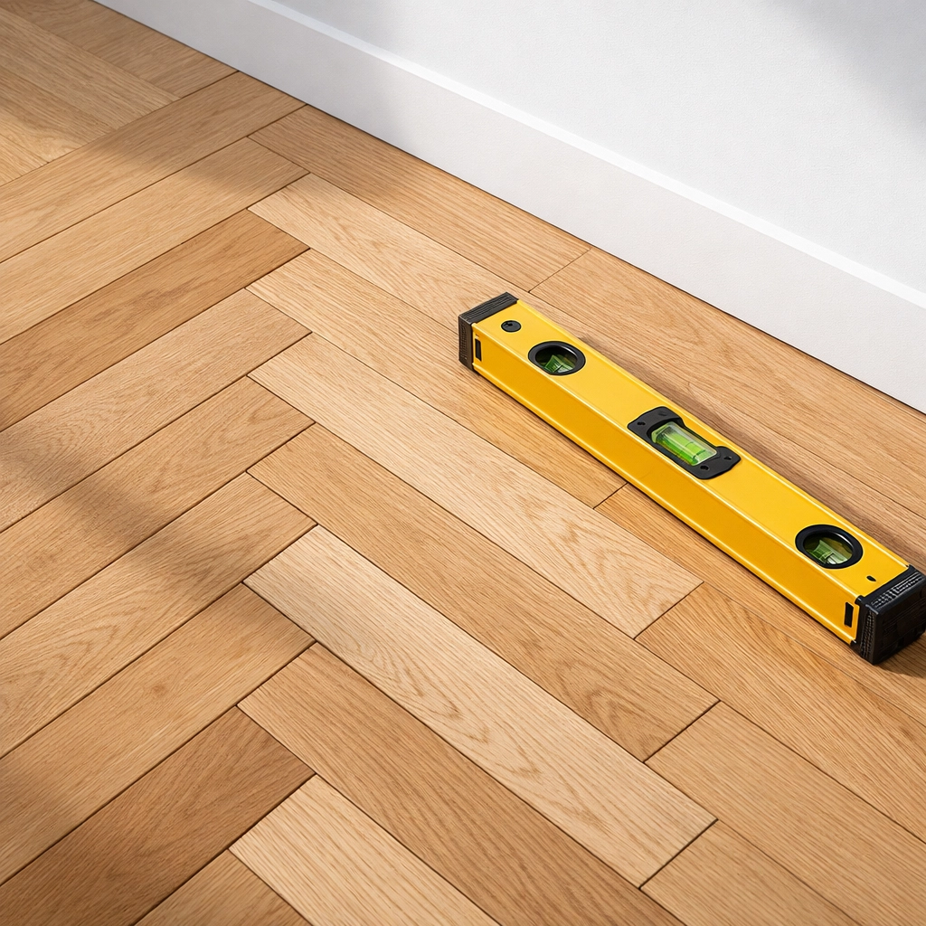 Expertly aligned herringbone hardwood flooring installation in Chicago showcasing precise parquet joints.
