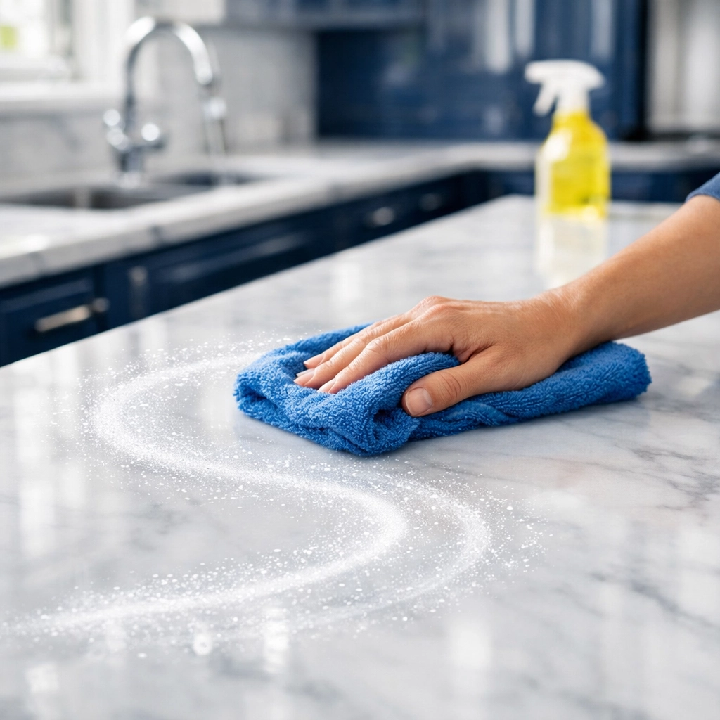 Hand using the S-pattern wiping technique, a top residential cleaning secret for Shrewsbury kitchens.