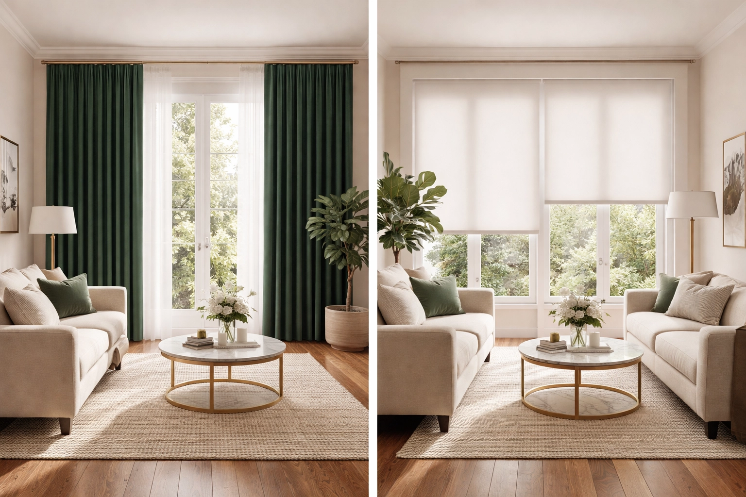 Side-by-side comparison of luxurious velvet draperies versus modern roller shades in a bright living room setting.
