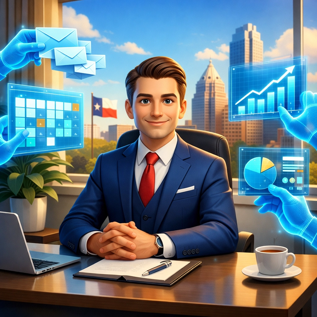 Small business owner using AI assistants and digital automation to scale operations in a modern Texas office.