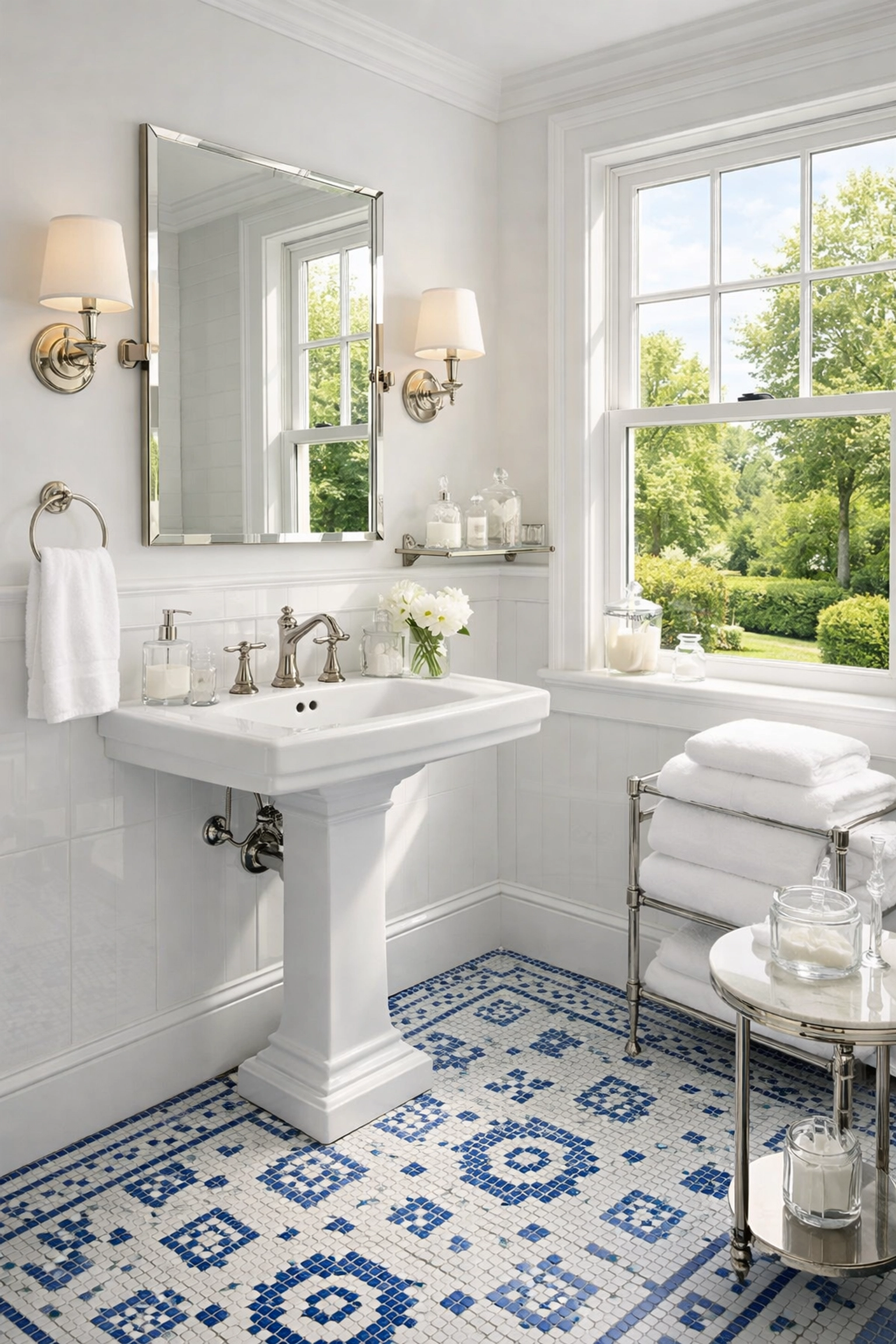 Detailed view of a sanitized luxury bathroom in a historic Concord residence with mosaic tile floors.