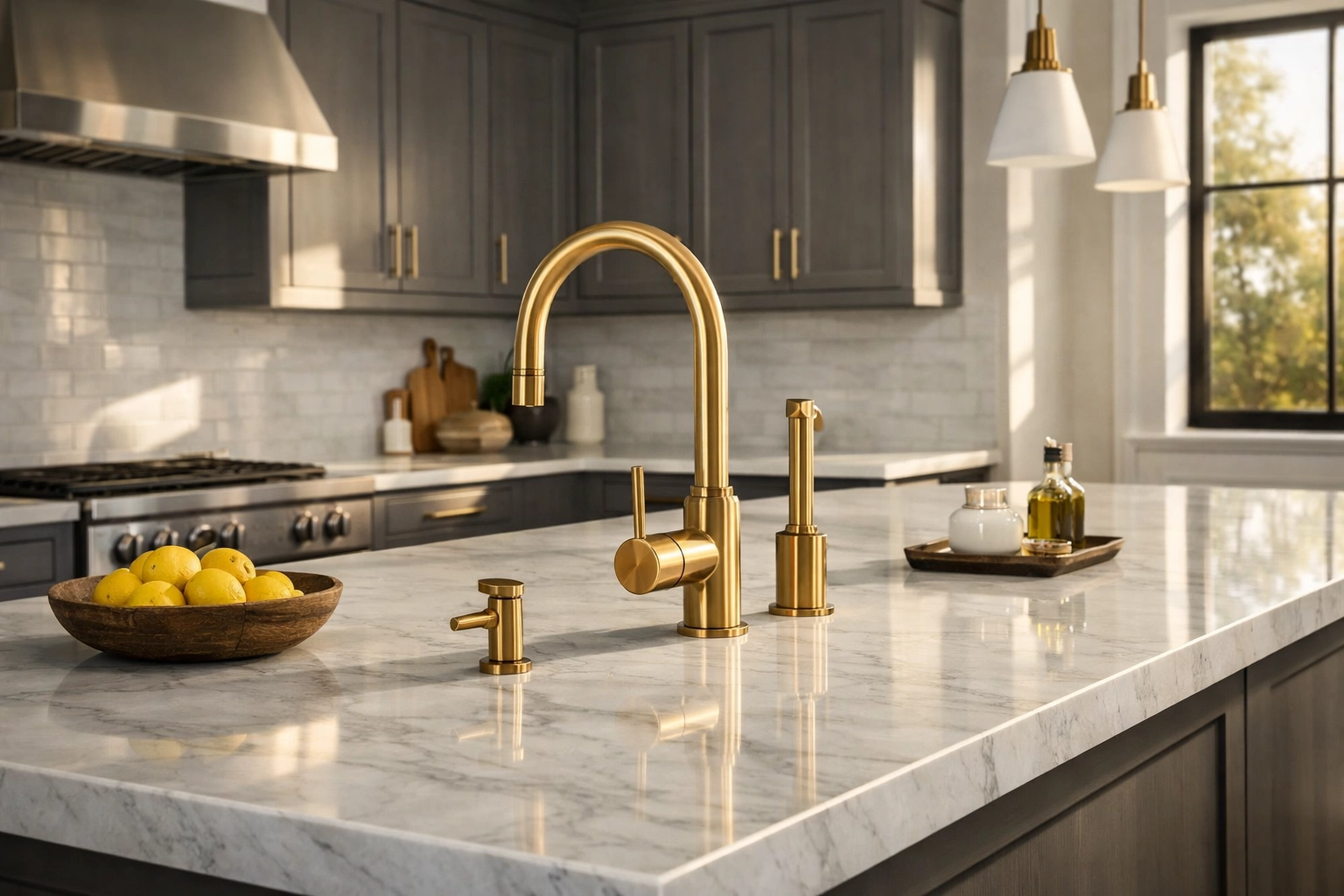 Luxury kitchen remodel in Orlando featuring a white marble island and elegant gold hardware.