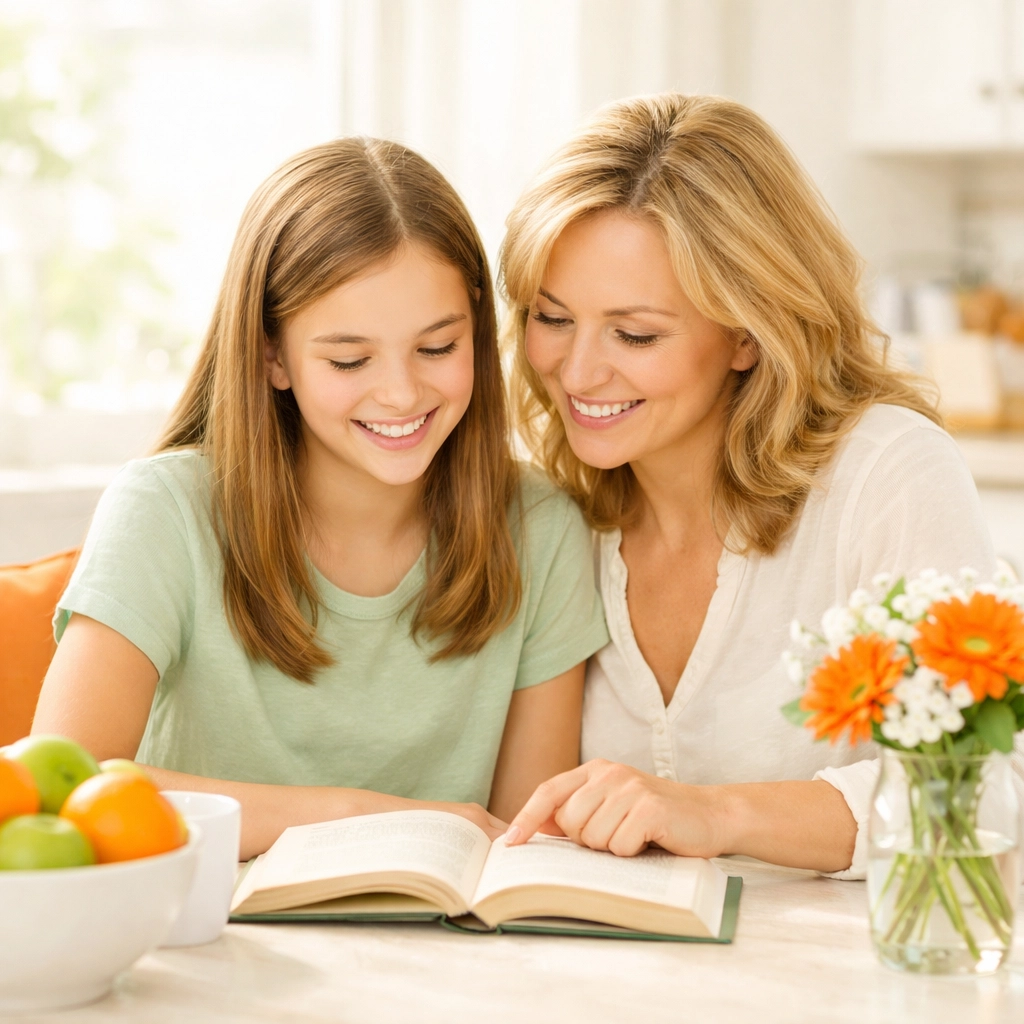 Mother and daughter learning about puberty together with educational resources