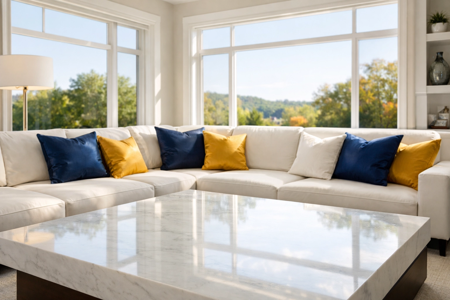 Sun-drenched Hudson living room looking pristine after professional recurring house cleaning services.