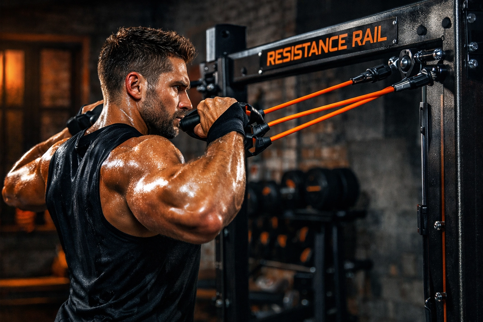 Athlete performing dynamic face pulls on the Resistance Rail for shoulder mobility and muscle activation.