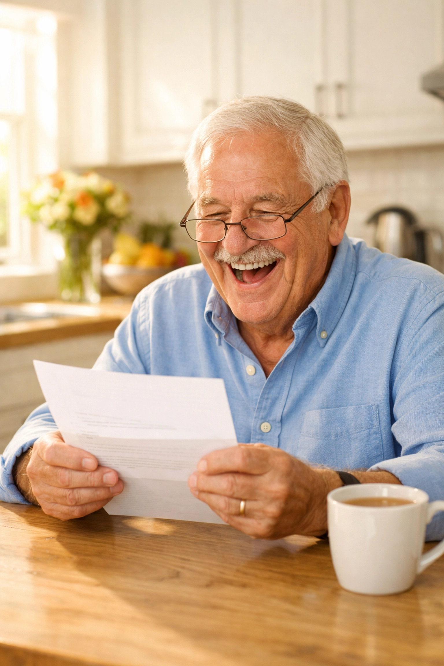 Happy senior man laughing while reading pen pal letter at kitchen table