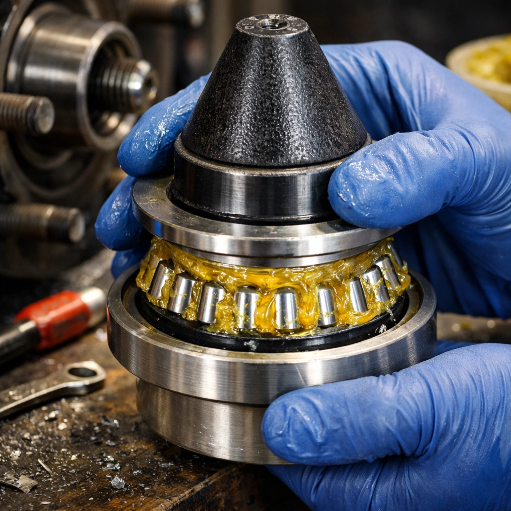 Mechanic repacking travel trailer wheel bearing with fresh grease during maintenance
