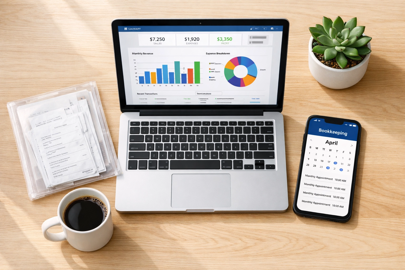 Organized desk with laptop showing bookkeeping dashboard and monthly calendar for small business tax prep