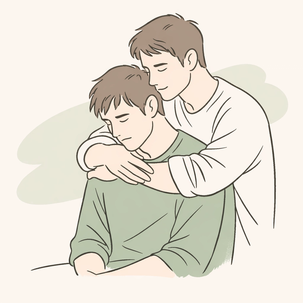 Minimalist art of two men supporting each other, representing an emotional journey and character growth in MM fiction.