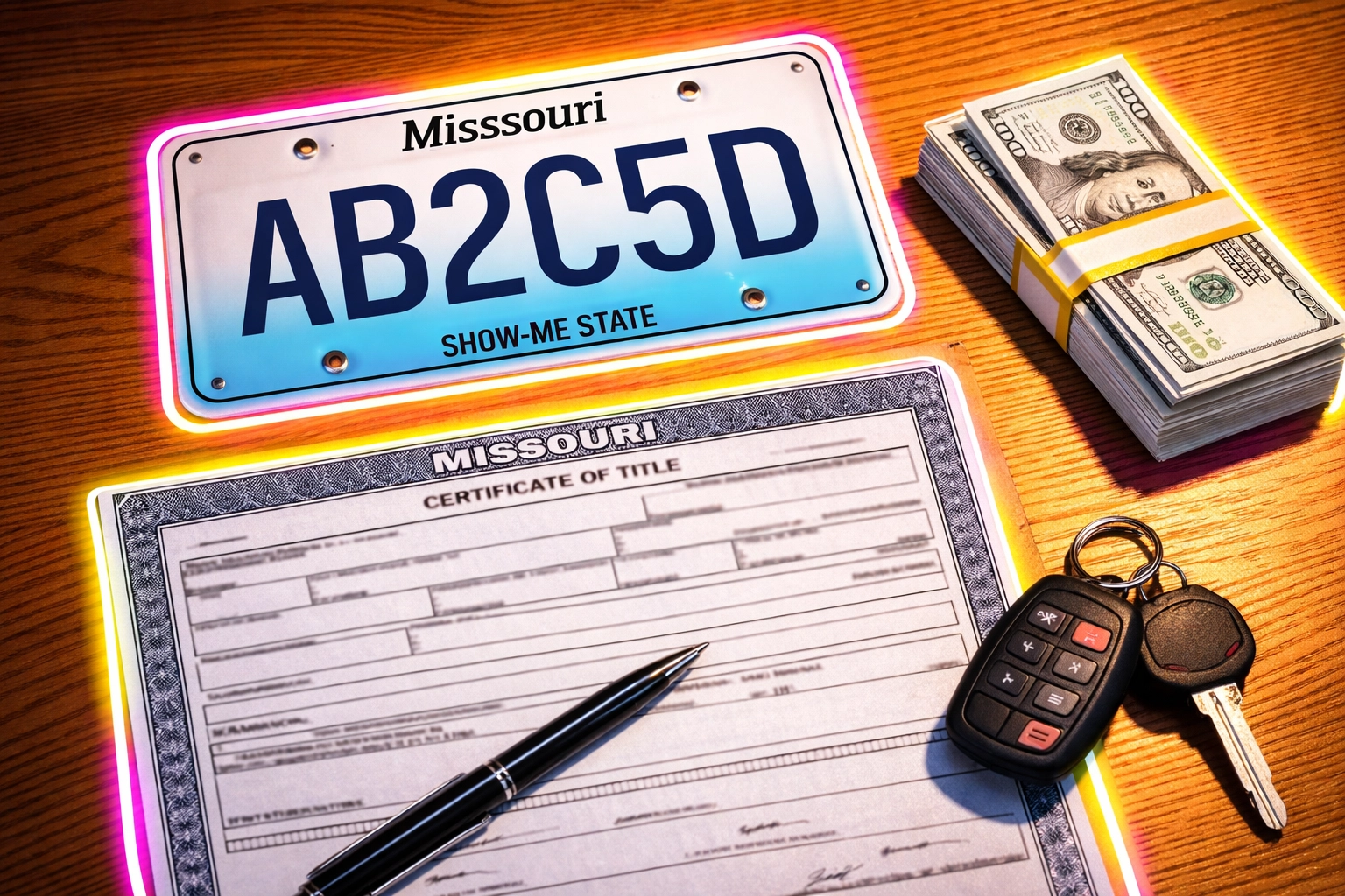 Missouri license plate, car title, cash, and keys illustrating car registration and sales tax process in Arnold MO