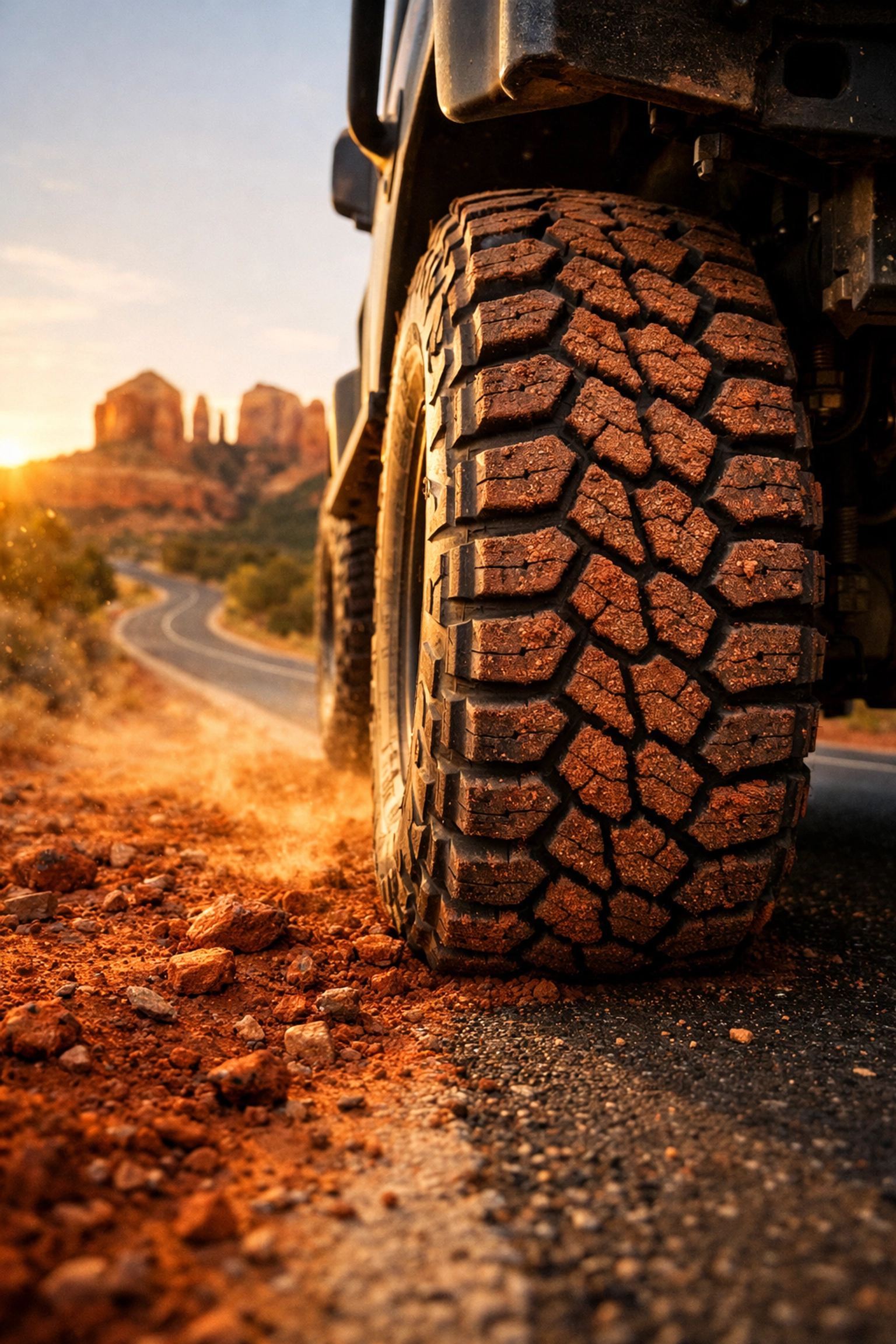 Close-up of a service vehicle tire on a Sedona red rock road, showing essential fleet maintenance Sedona care.