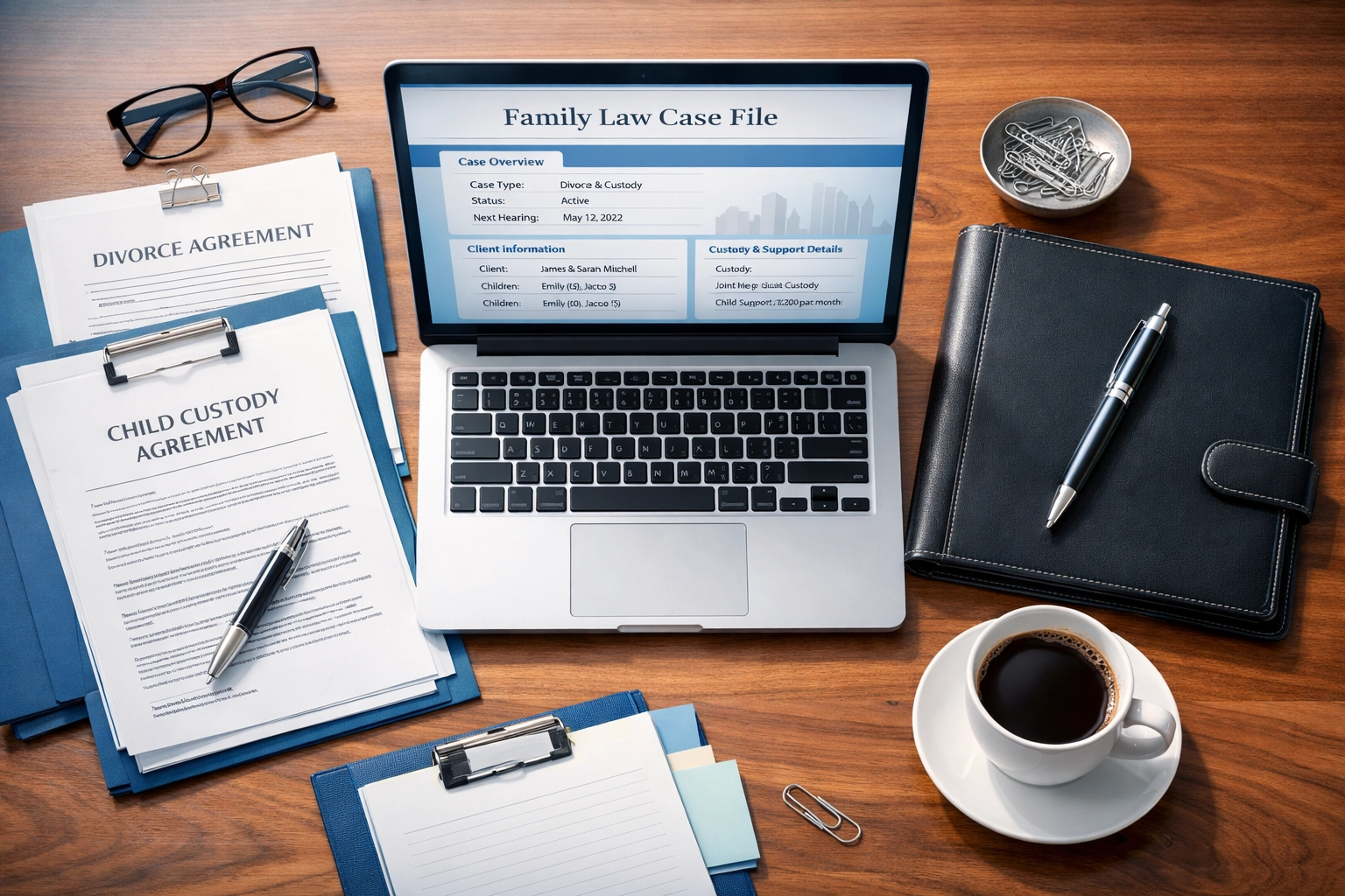 Organized divorce case documents and legal strategy materials on attorney's desk