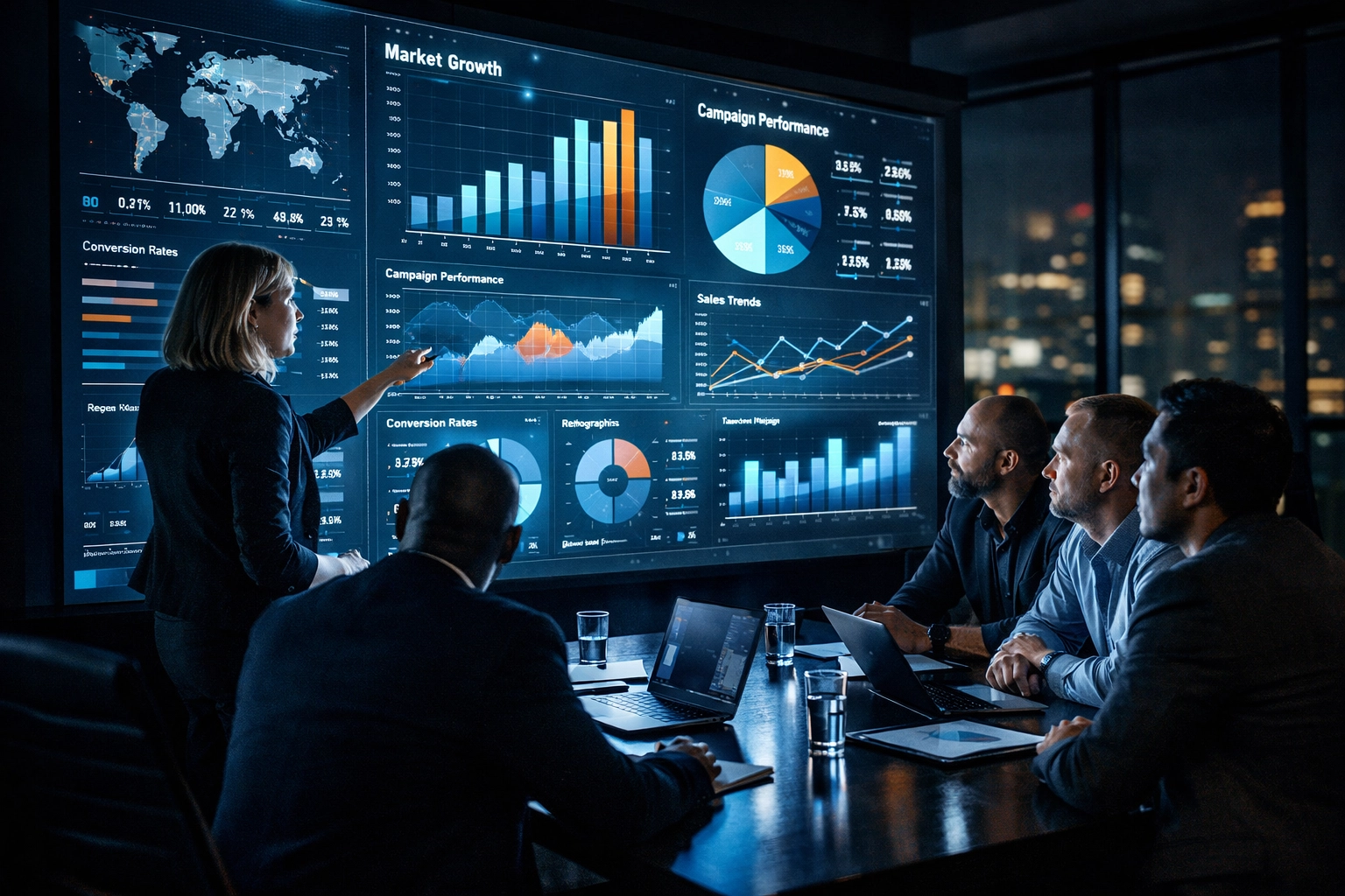 Marketing executives in a modern boardroom analyzing Super Bowl ad ROI and data charts on a digital screen.