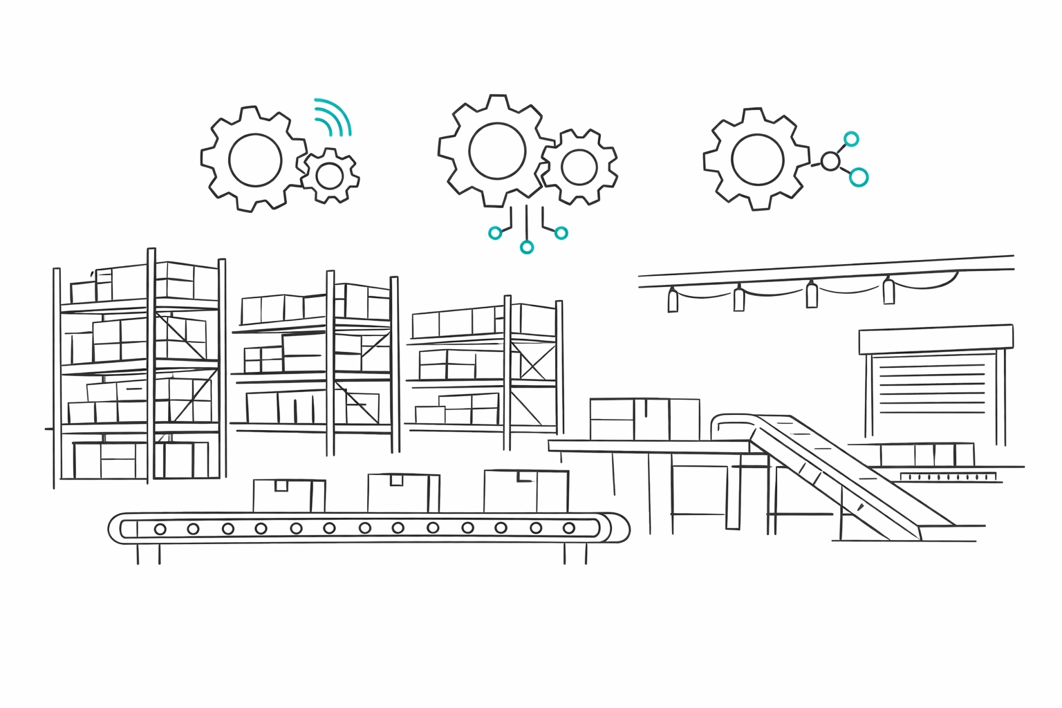 Minimalist line-art warehouse illustration with gear icons representing physical AI automation.