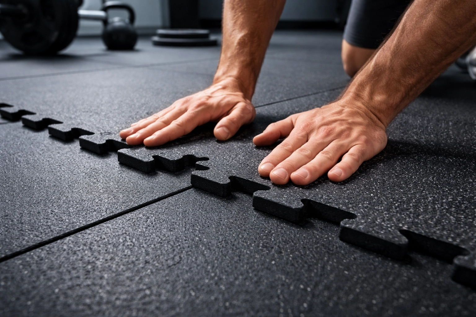 Close-up of rubber gym flooring tiles being installed for a durable and safe home workout environment.