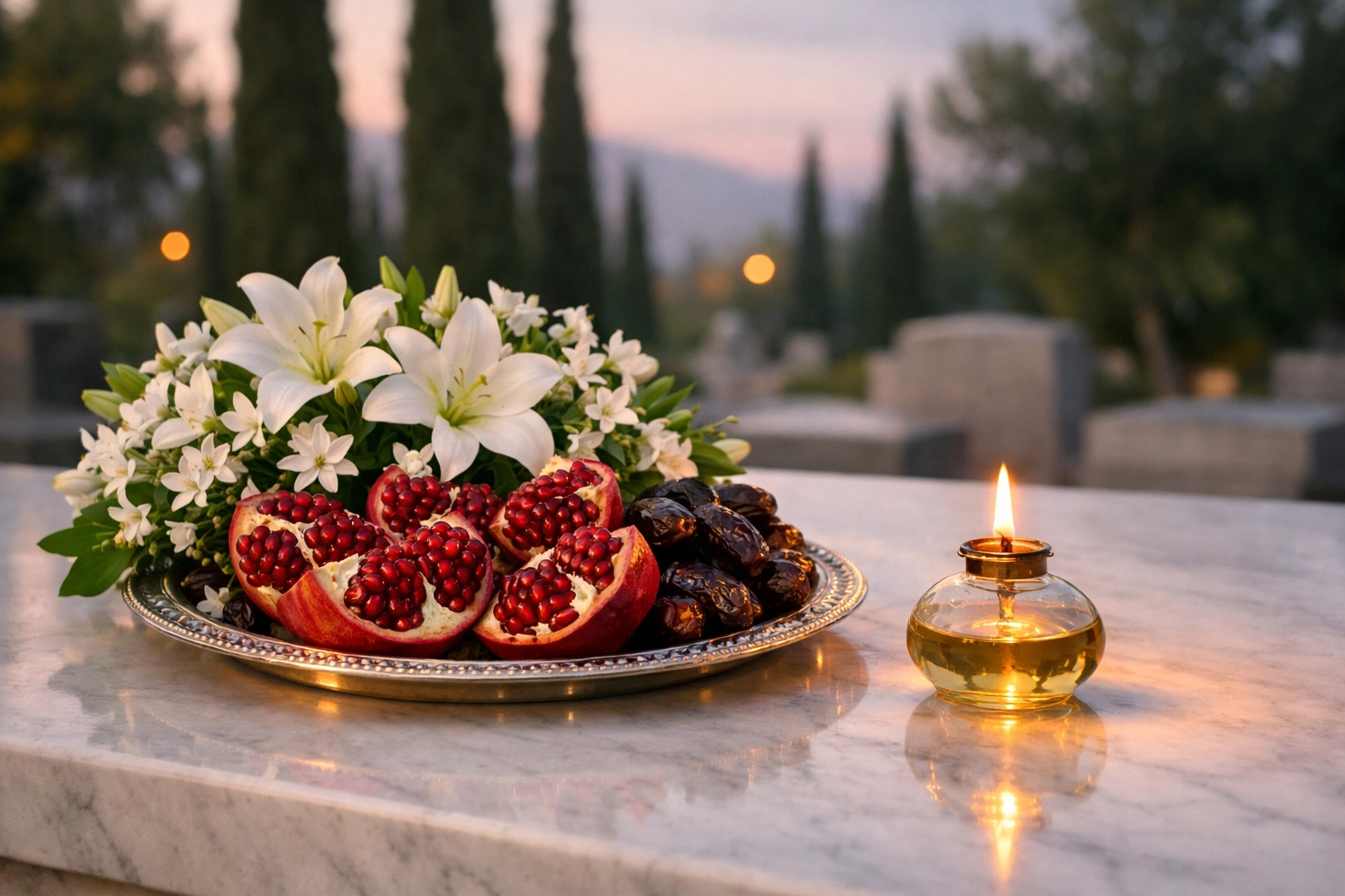 Zoroastrian memorial offering at an Aramgah with pomegranates, white flowers, and a burning diwa lamp.