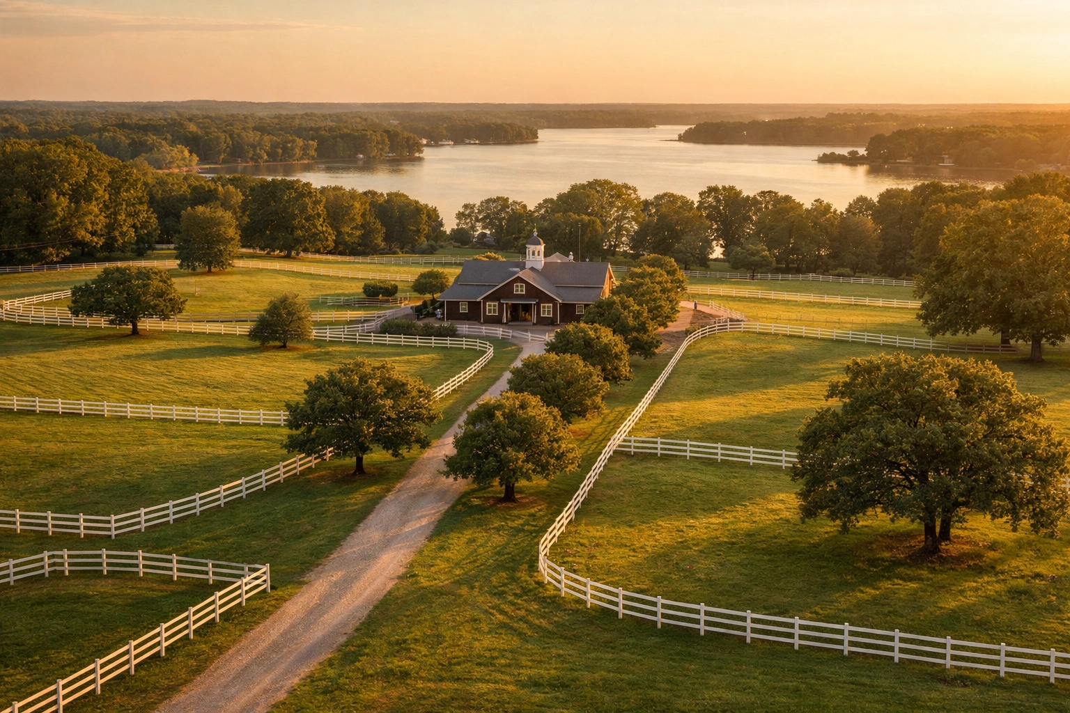Aerial view of Davidson NC horse farm with white fencing, barn, and Lake Norman backdrop