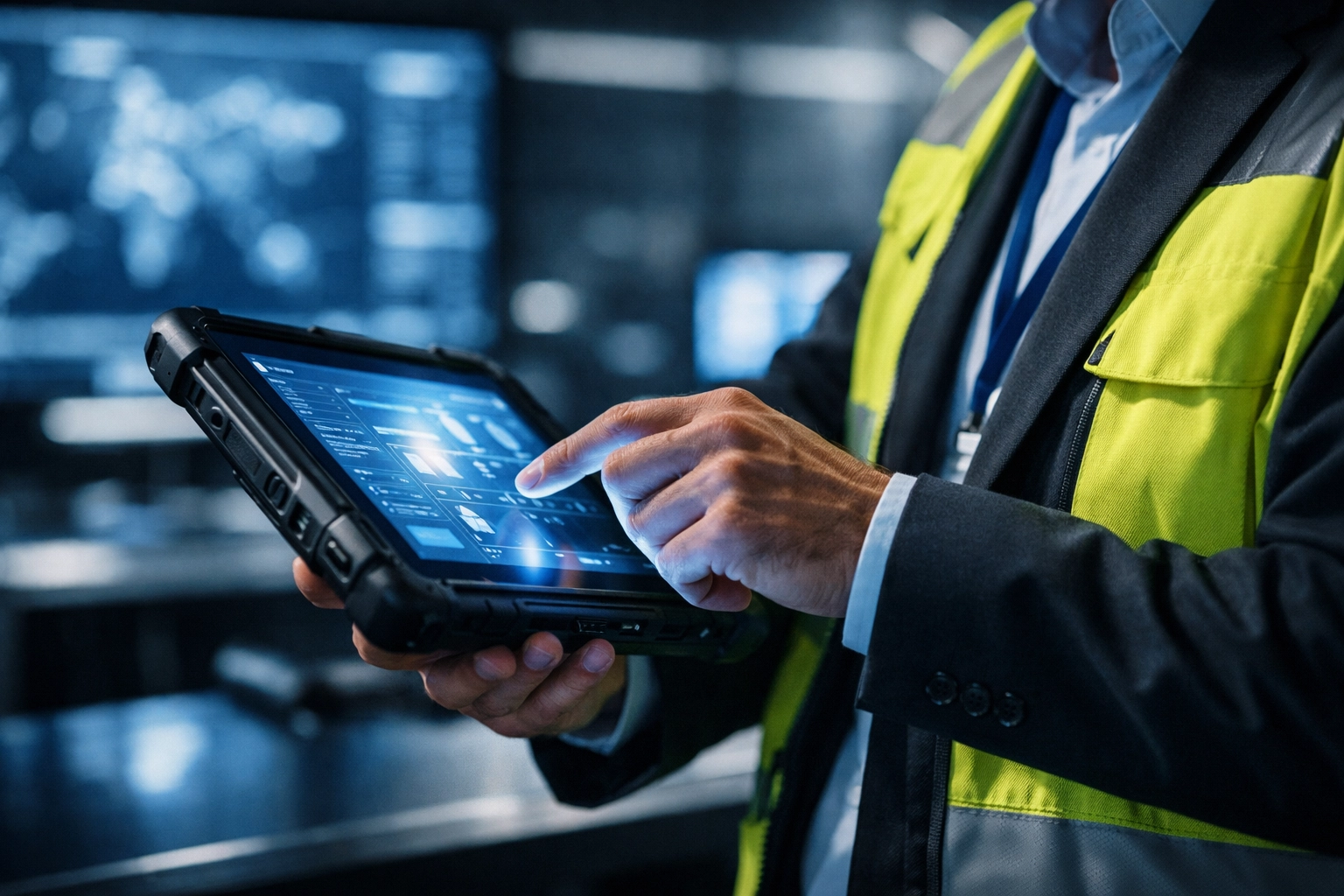 Safety coordinator using a digital tablet for crisis exercise simulations in an operations center.
