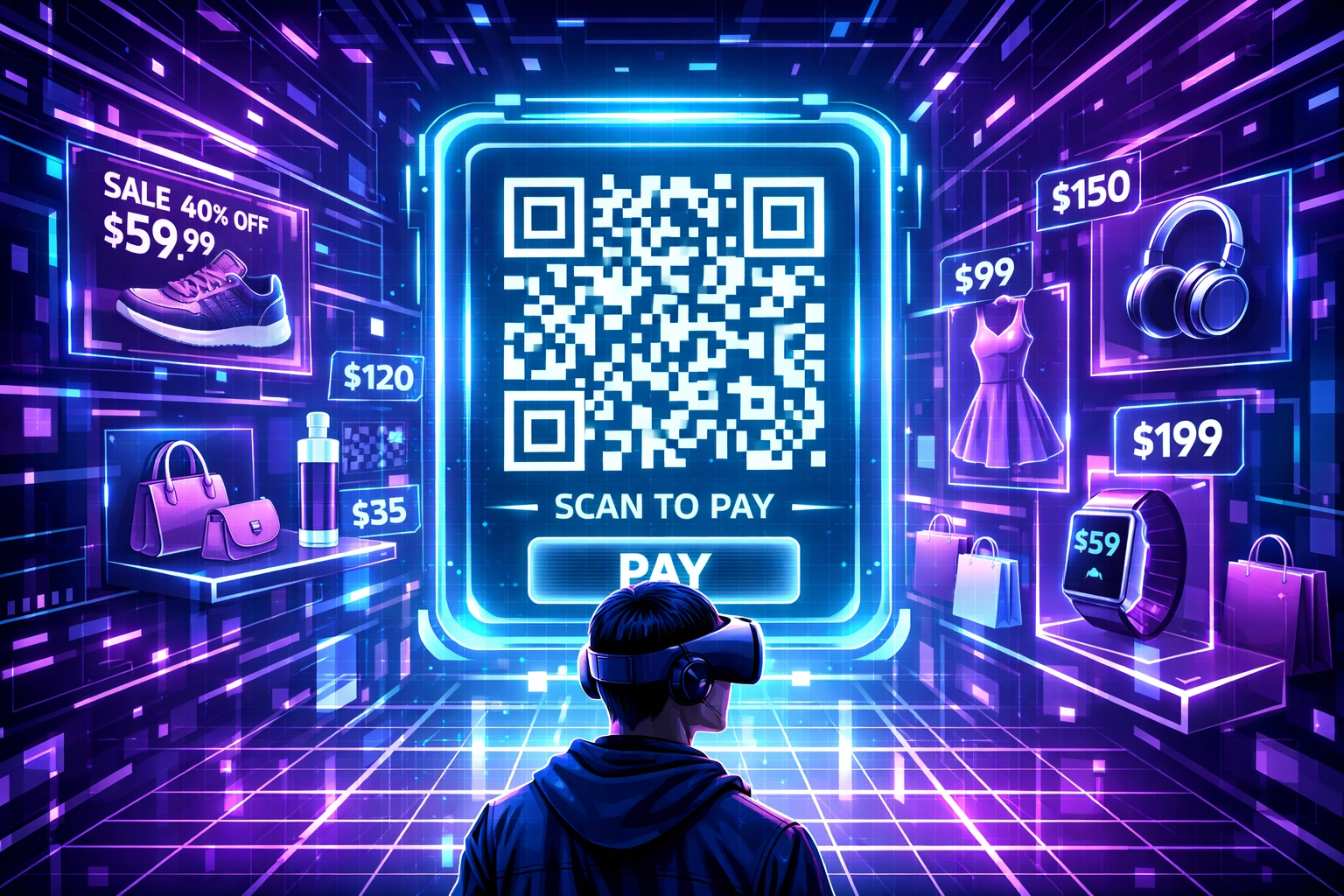 Customer using VR headset in metaverse store with crypto QR code payment portal