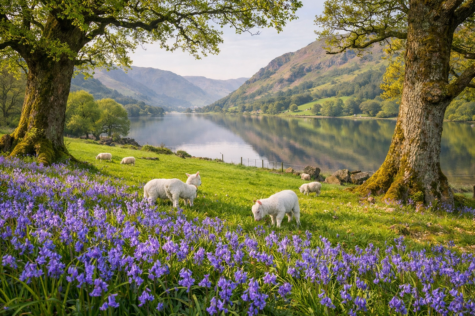 Spring landscape in the Lake District featuring wild bluebells and grazing lambs near a quiet lake.