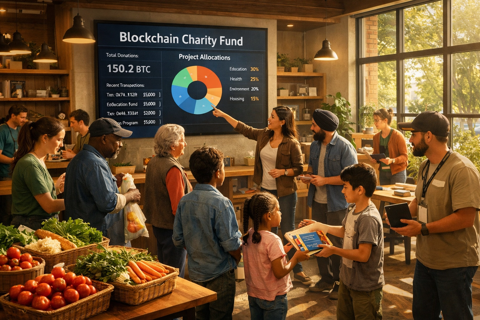 Larecoin community hub distributing food and resources funded by blockchain transactions
