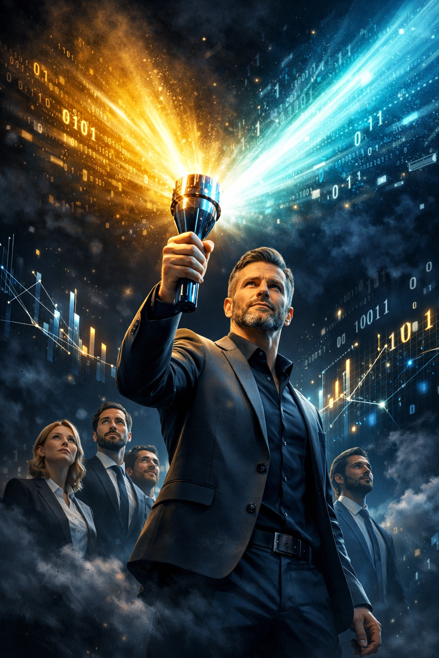 Leadership 2.0: Eine Führungskraft leitet ihr Team mit KI-Unterstützung durch die digitale Datenflut.