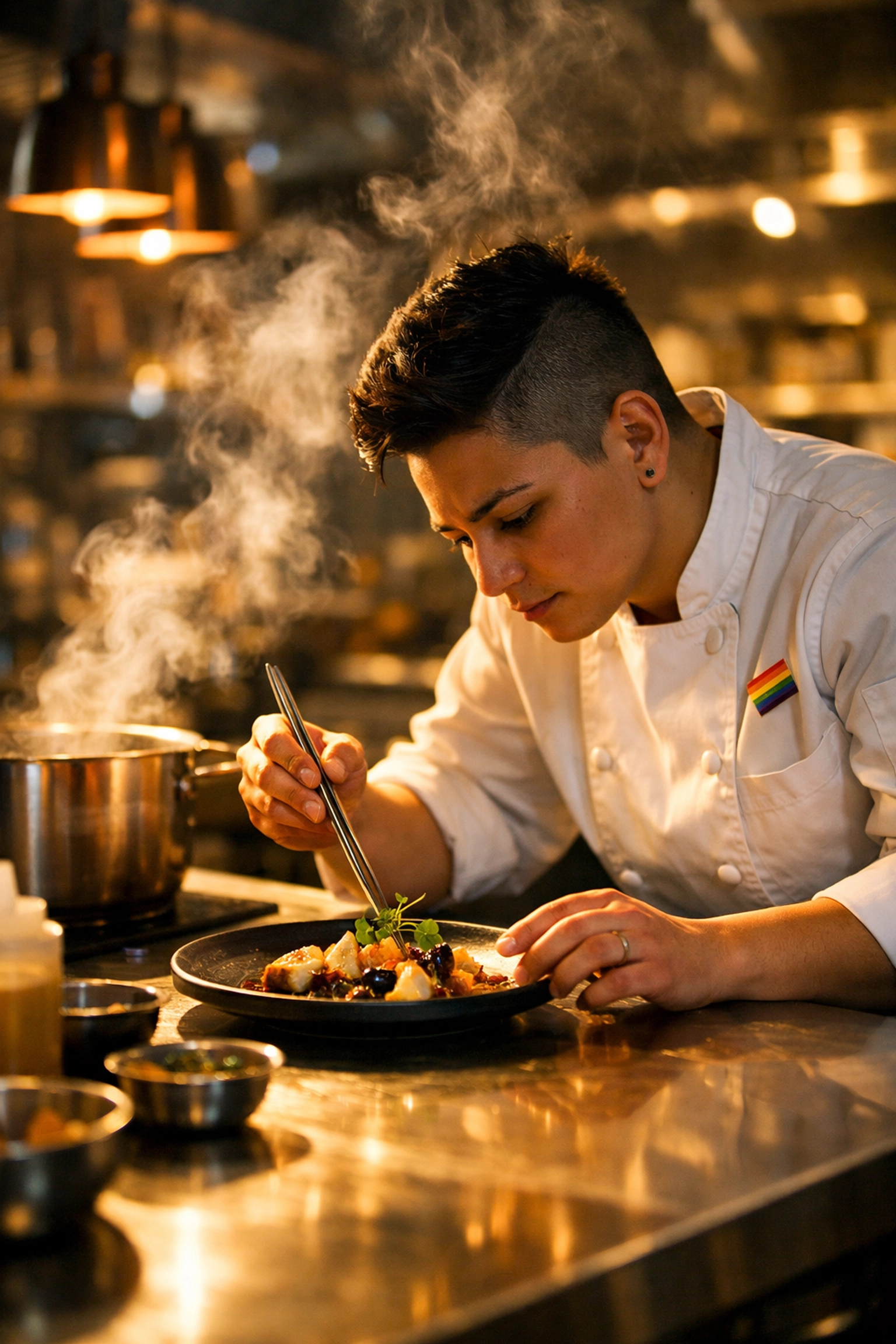 Chef meticulously plating gourmet dish in fine dining restaurant kitchen