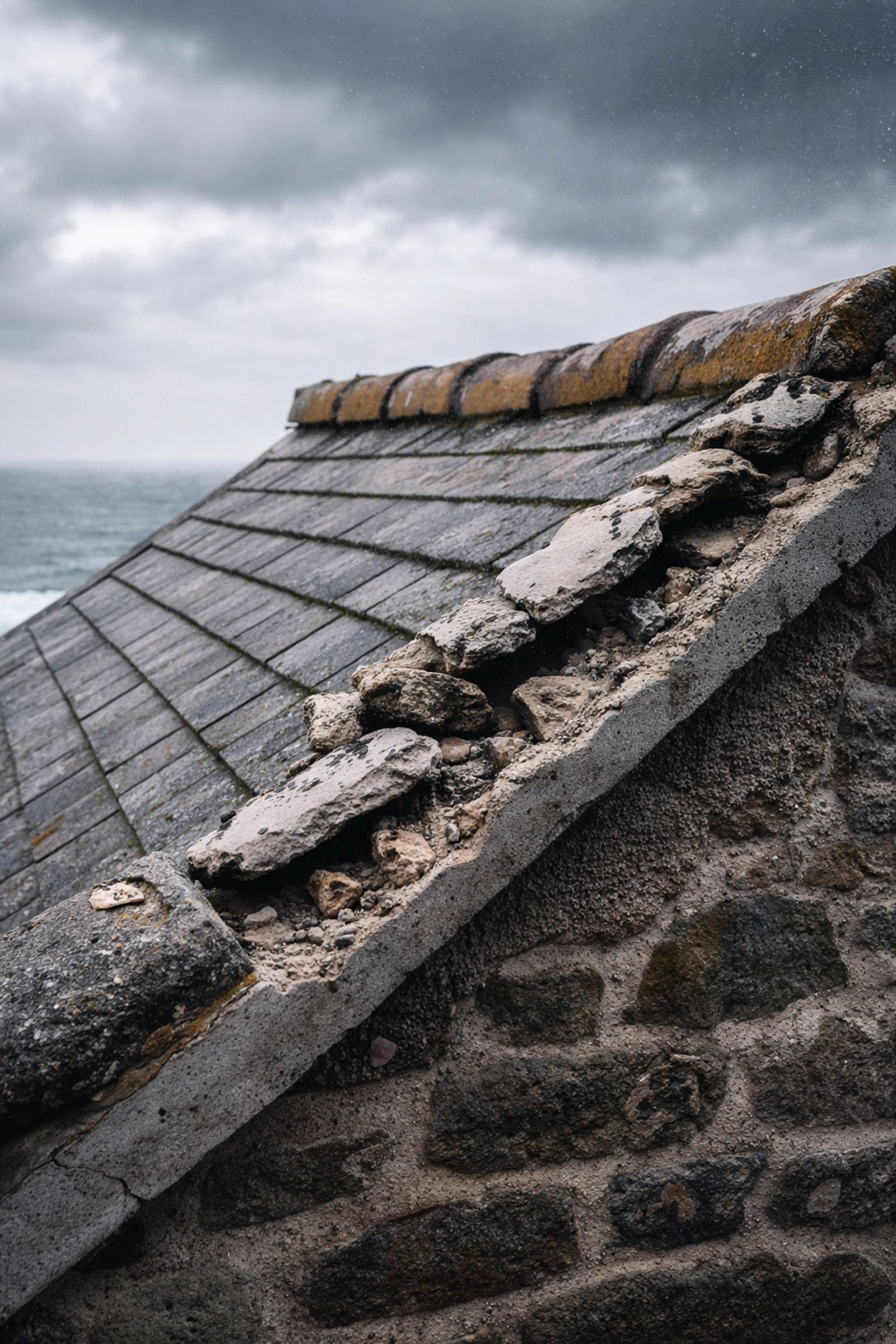 Weathered coastal house roof with crumbling mortar verge showing damage from salt air and wind in Northern Ireland