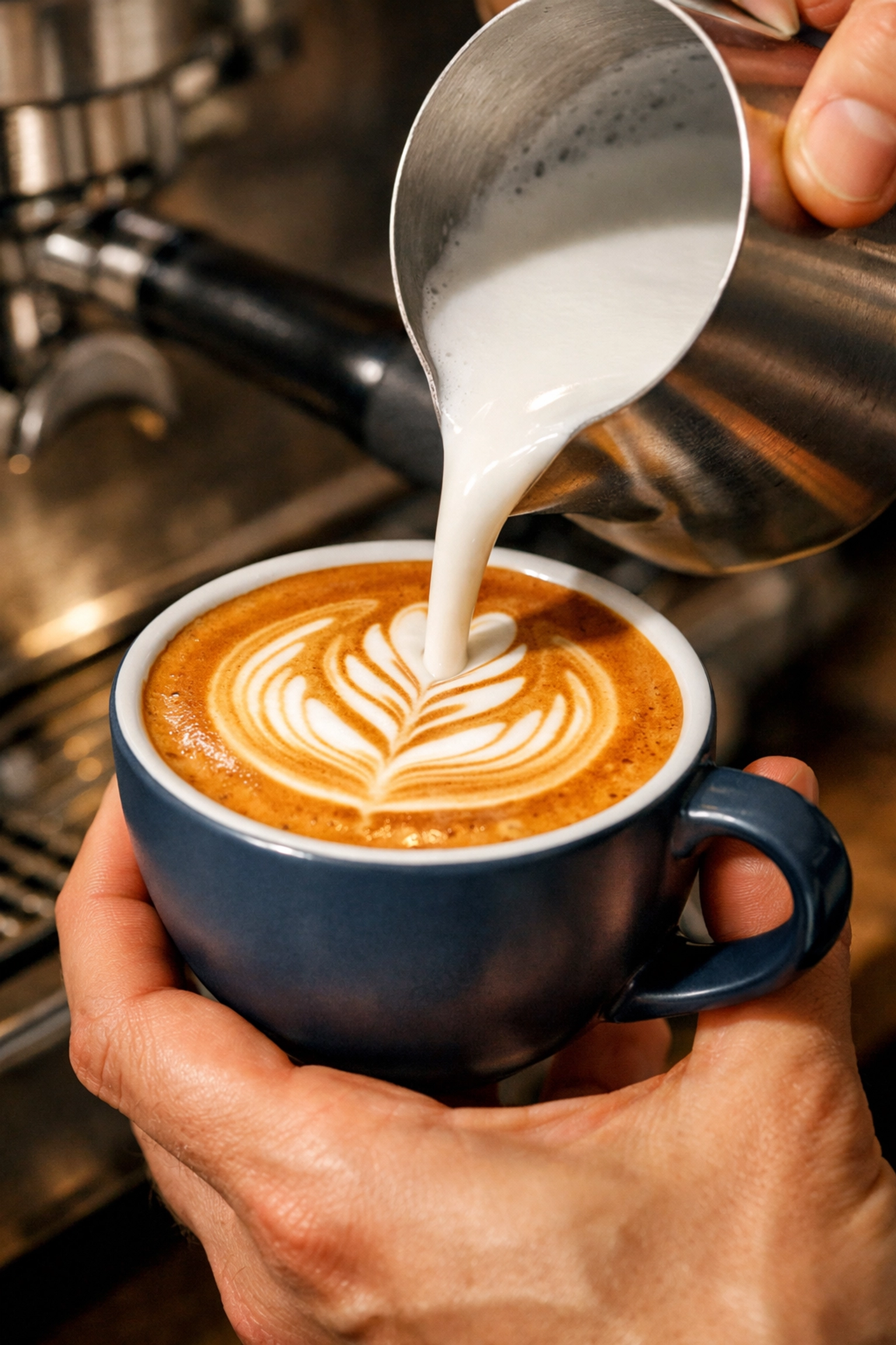 Barista pouring silky steamed milk into a specialty coffee cup to create latte art at a café.