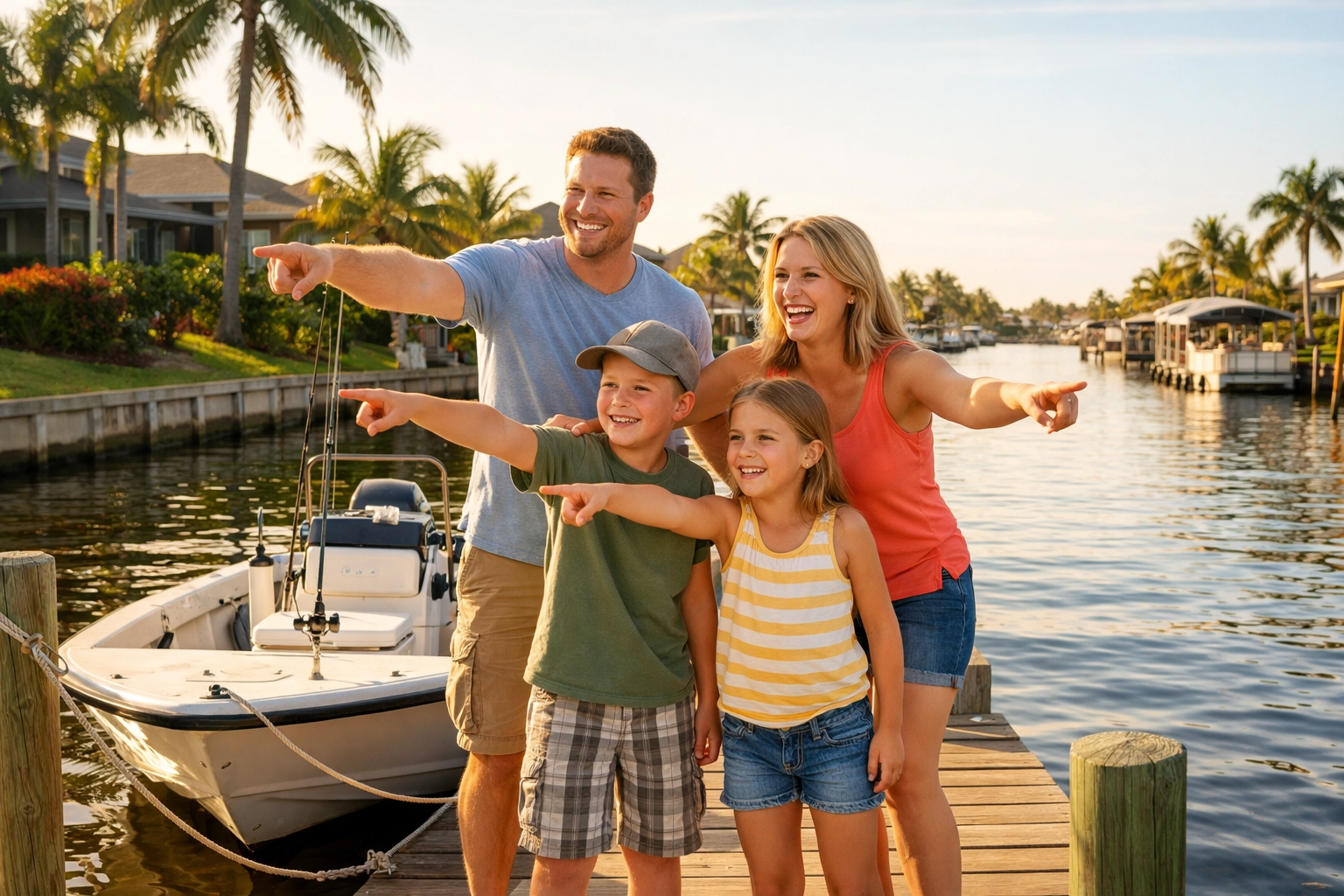 Family enjoying canal lifestyle on private dock in Northeast Cape Coral neighborhood
