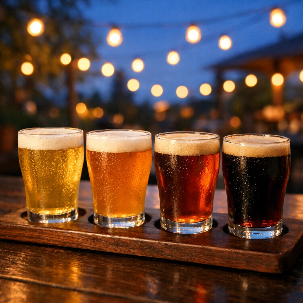 A flight of craft beer on a patio table in downtown Kannapolis NC.
