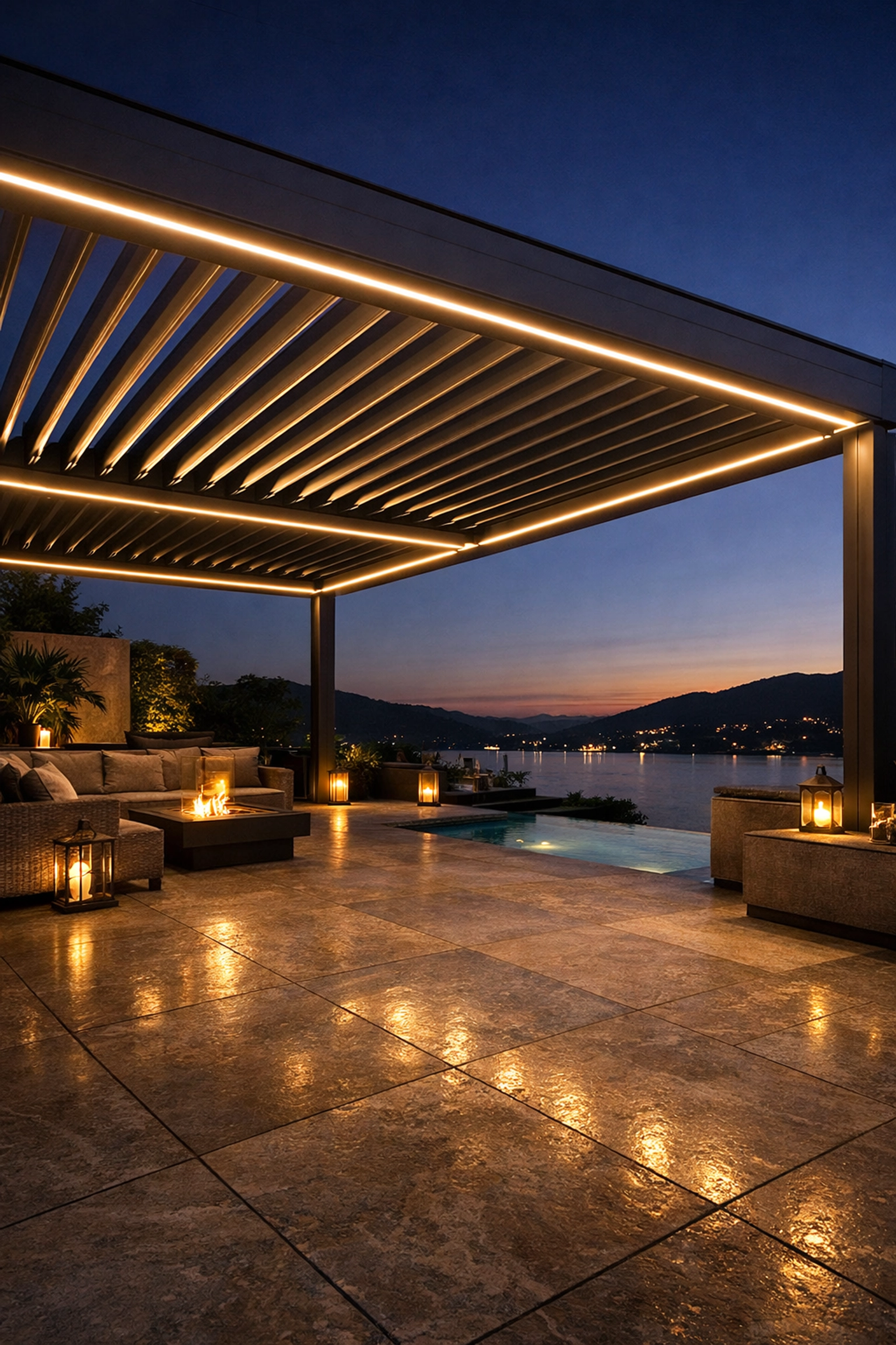 Exklusives Lamellendach Wien mit LED-Beleuchtung für moderne Outdoor-Lösungen.