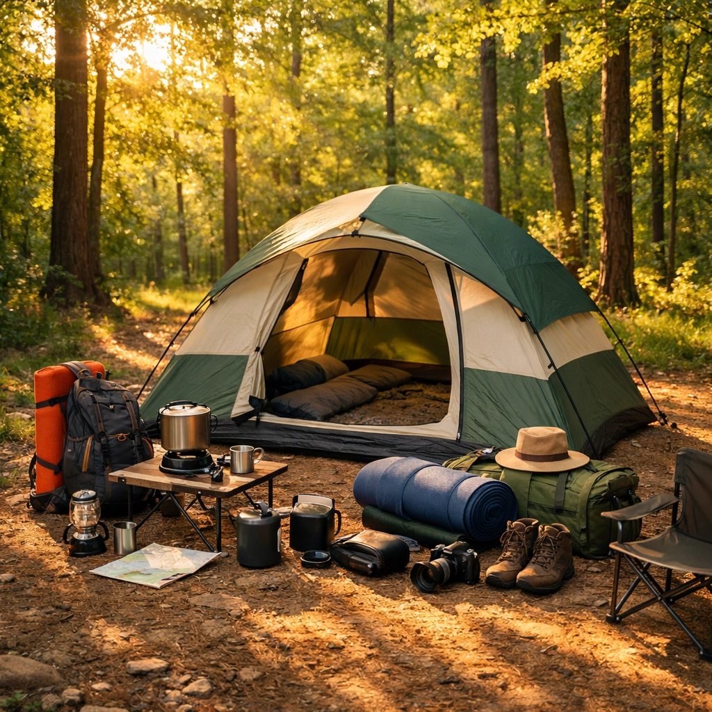 Organized campsite setup before sunset during camping adventure UK