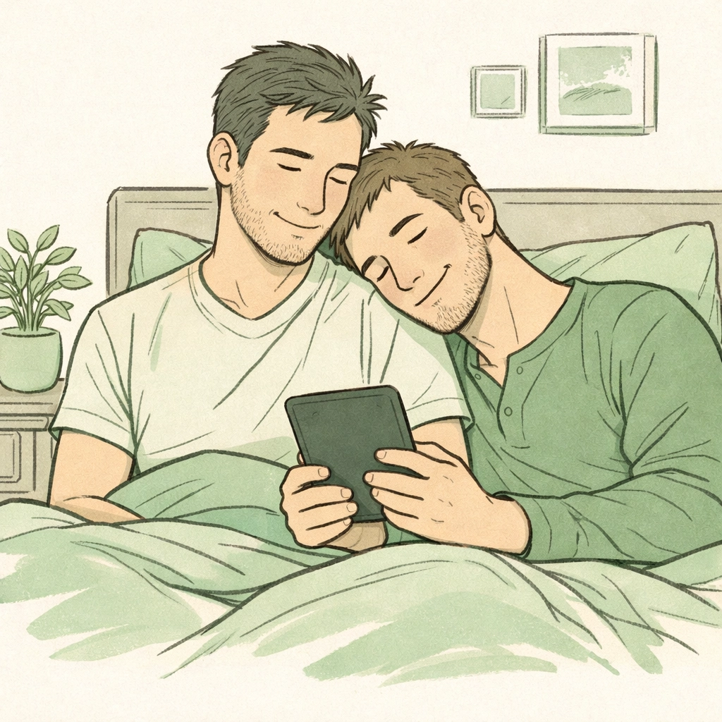 Two men reading LGBTQ+ ebooks together in bed, showing the shared peace of heartfelt gay fiction readers.