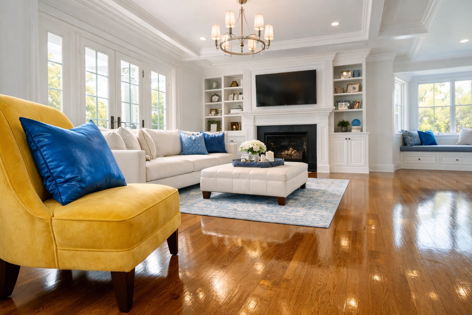 A perfectly clean Massachusetts living room showing that professional cleaning companies bring their own supplies.