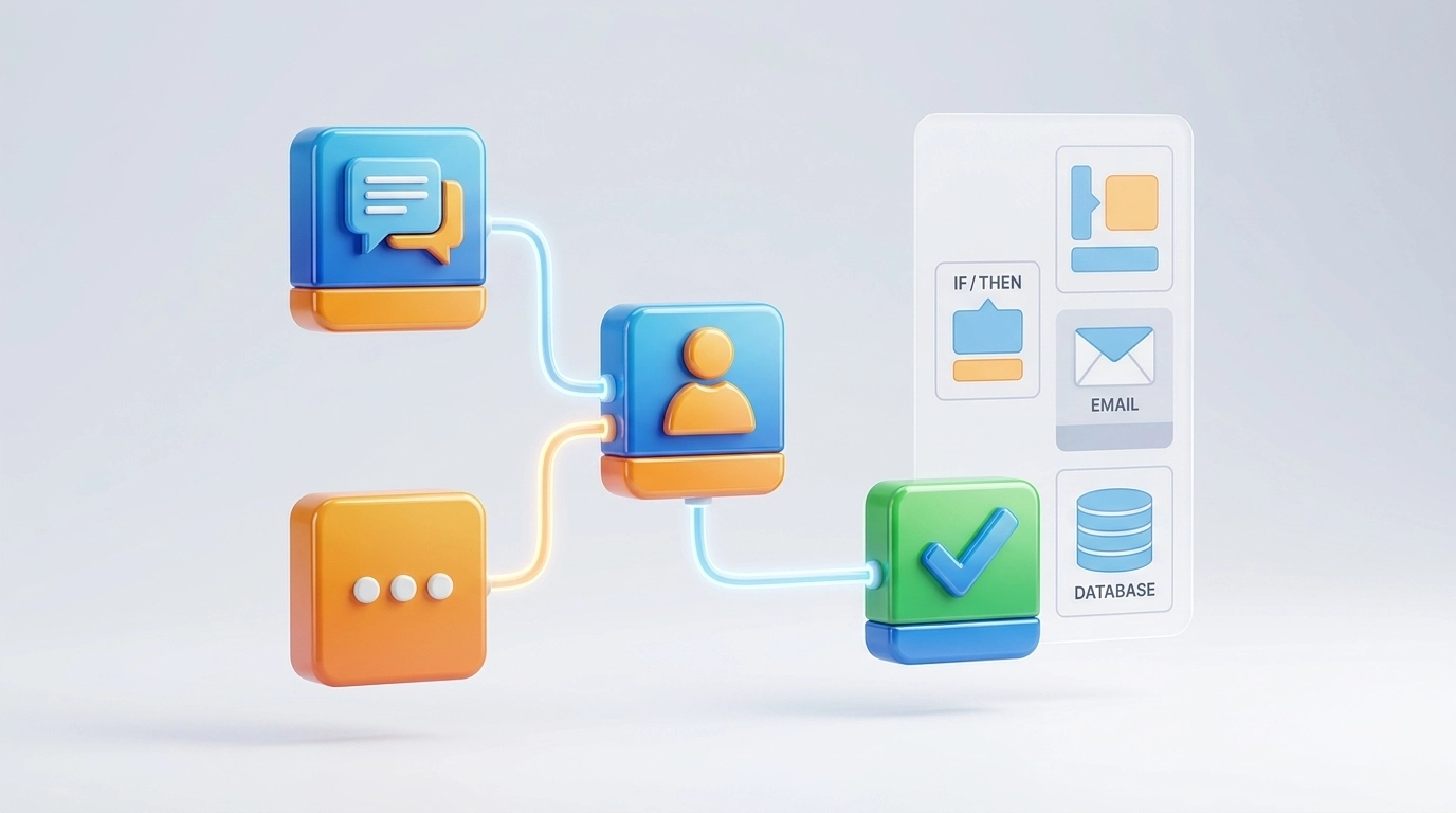 A conceptual 3D illustration of a simple, modular workflow diagram representing no-code automation steps.