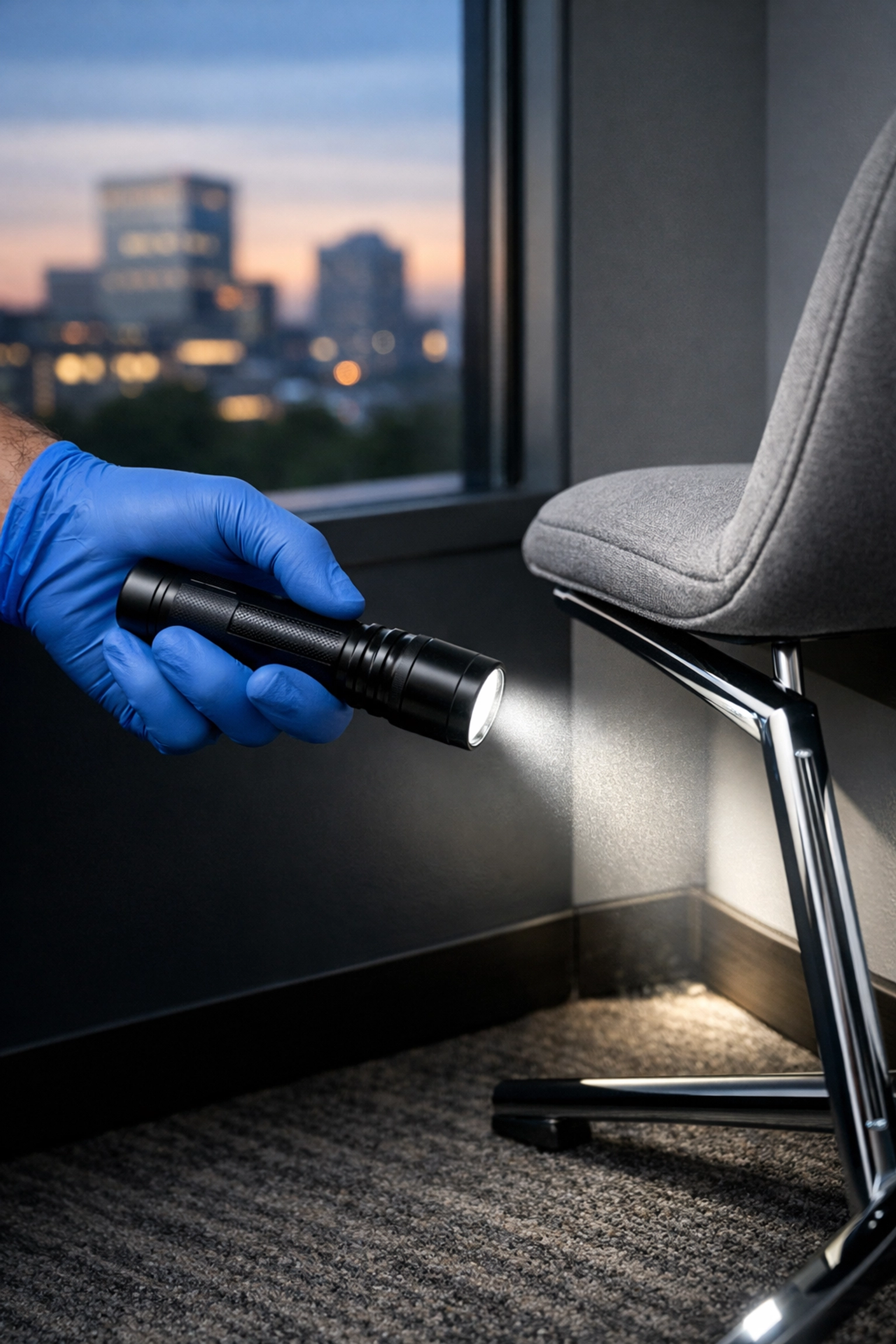 Professional pest control technician inspecting a modern Westchester office suite for discreet commercial pest management.