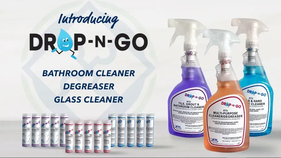 The Drop N Go Trio launch shot featuring the color-coded bottle lineup and cartridges in a bright, polished product image that highlights modern, professional cleaning for hospitality teams.