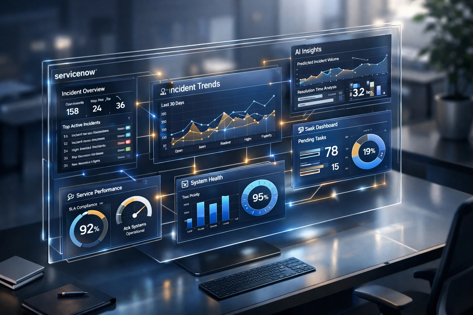 ServiceNow ITSM dashboard showing real-time metrics and AI-powered analytics for ROI tracking