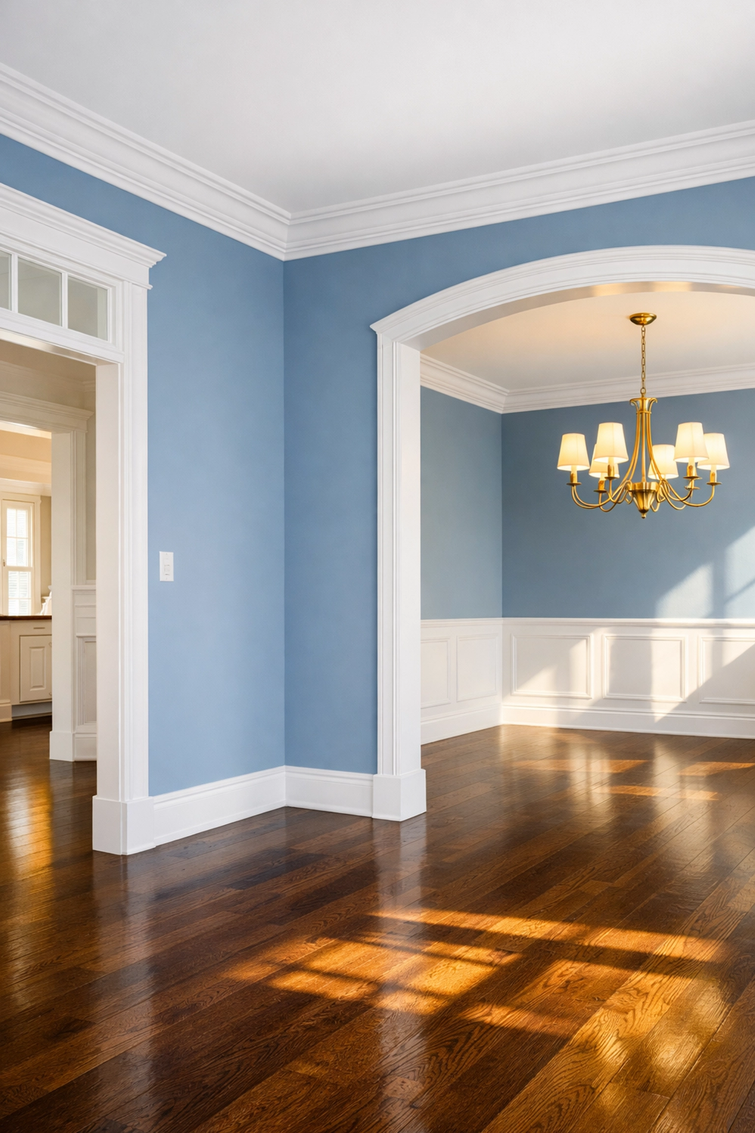 Spotless home interior with clean wood floors after expert post construction cleaning in Westford.
