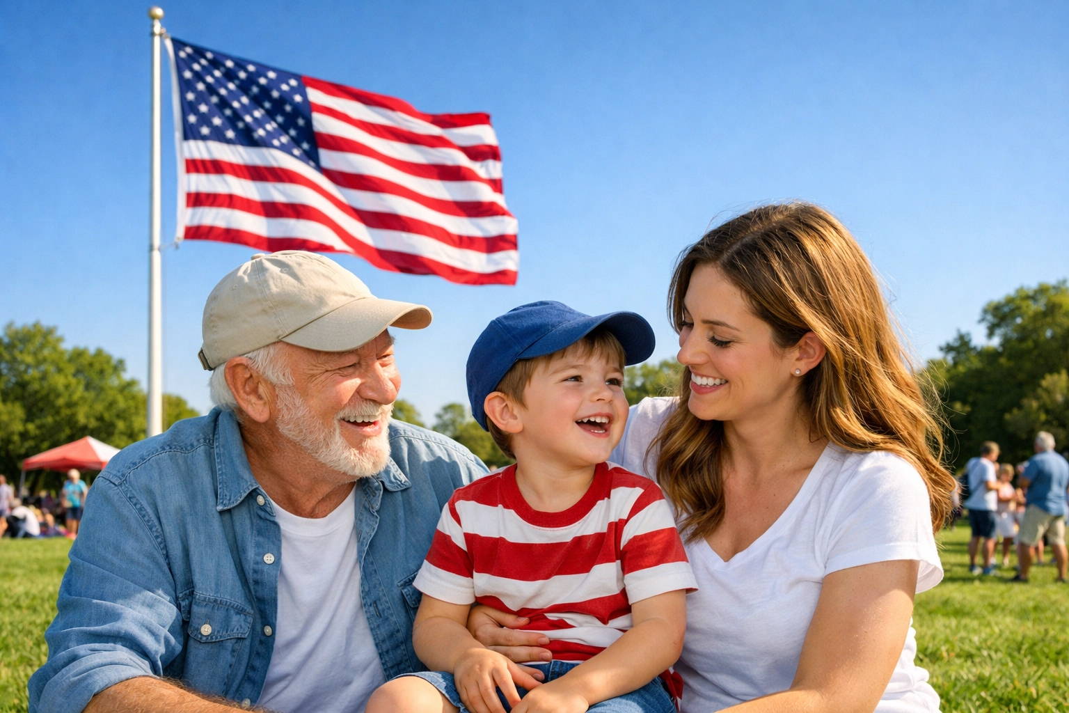 A multi-generational group of Americans celebrating national pride and community unity under an American flag.