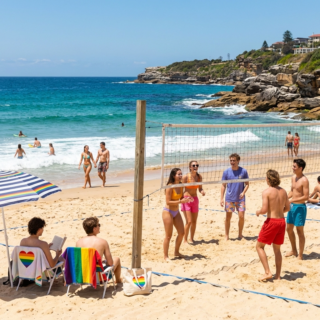 LGBTQ+ youth community gathering at Sydney beach with pride flags