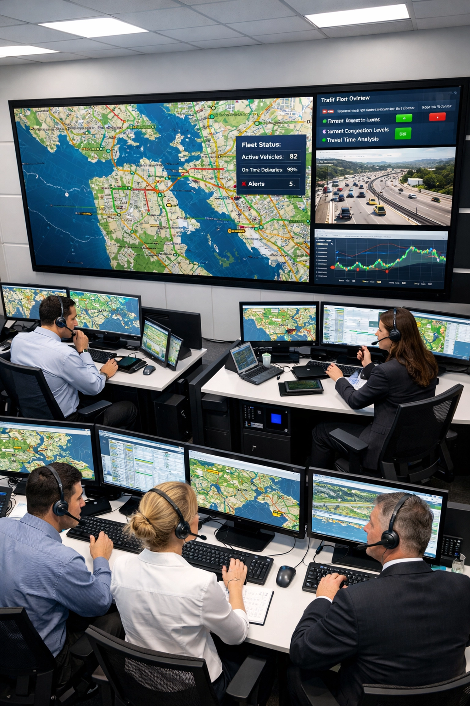 Corporate command center monitoring real-time GPS tracking for Super Bowl logistics