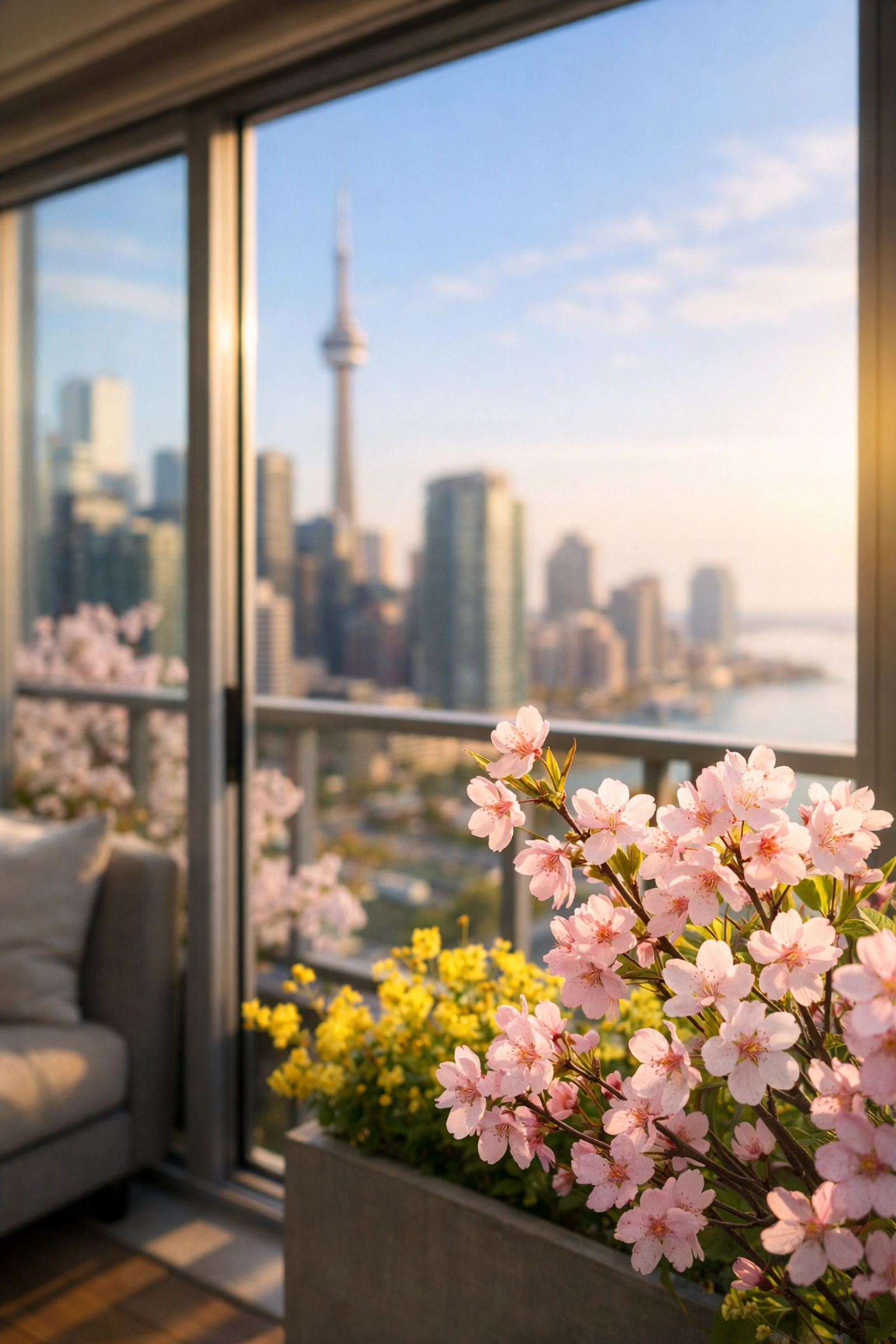 Spring view from Toronto condo balcony with flowers and city skyline